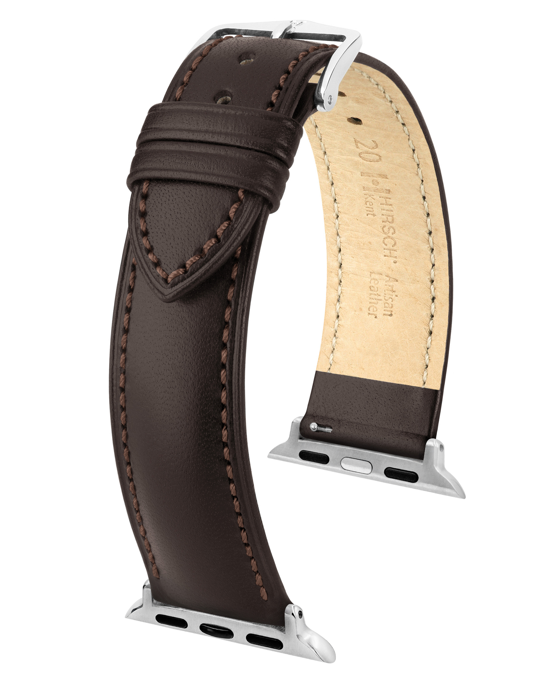 Braunes Leder-Uhrenarmband mit silberner Schnalle und Nähten, mit dem Markennamen auf der Rückseite.