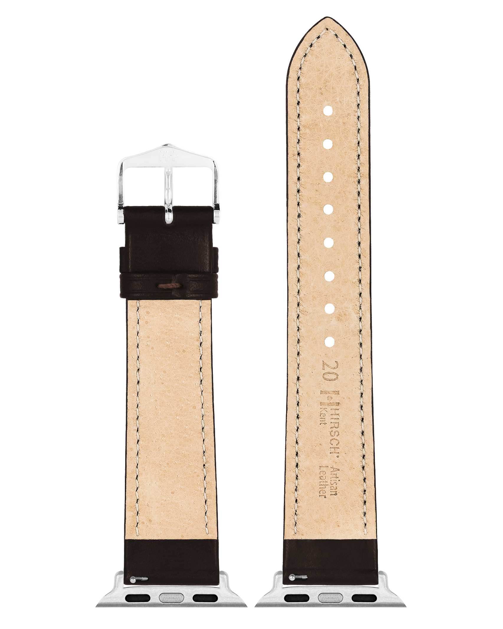 Braunes Leder-Uhrenarmband mit silberner Schnalle und Nähten, mit dem Markennamen und Details sichtbar.