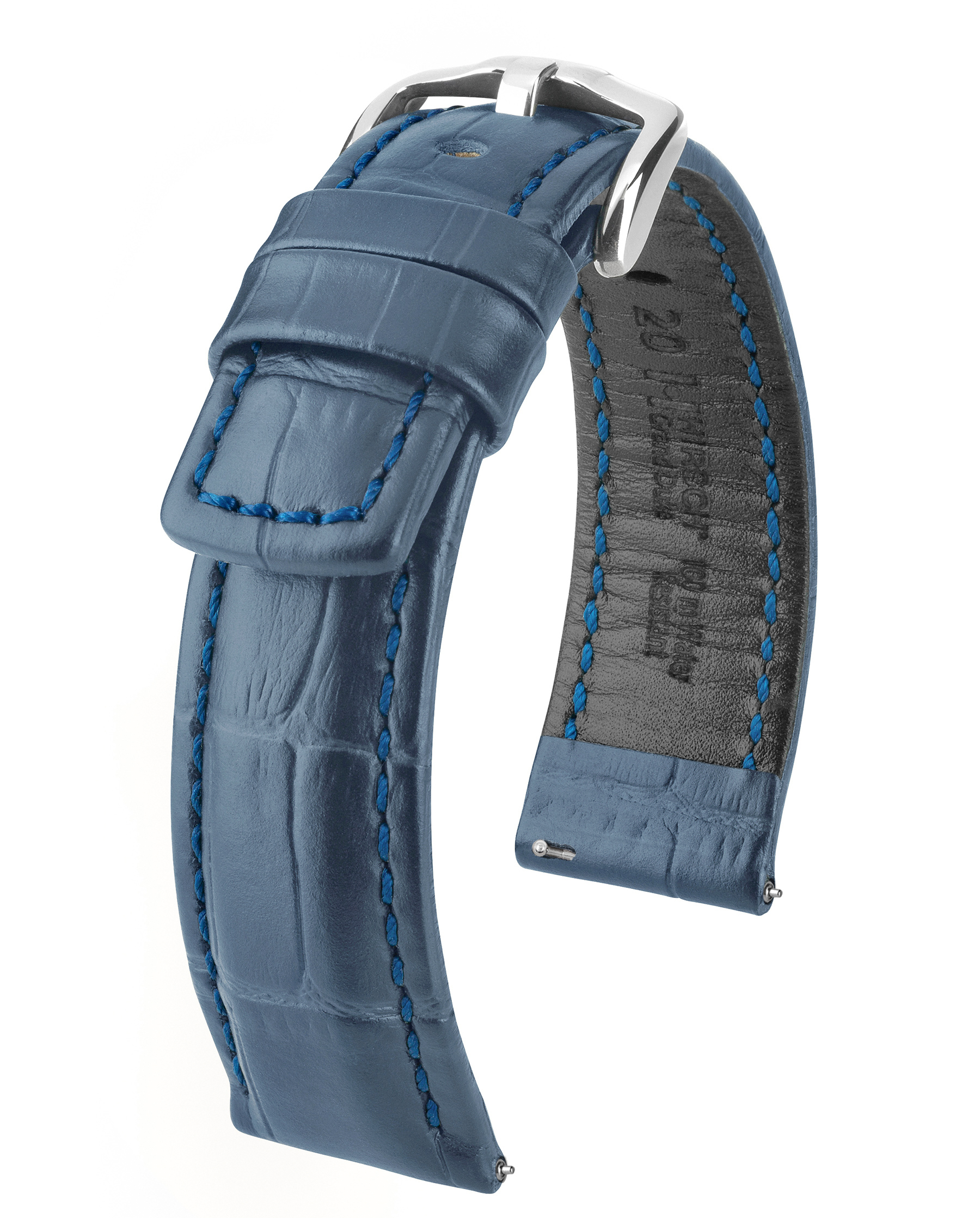 Blaues Leder-Uhrenarmband mit silberner Schnalle und blauen Nähten. Das Leder hat ein Krokodilmuster.