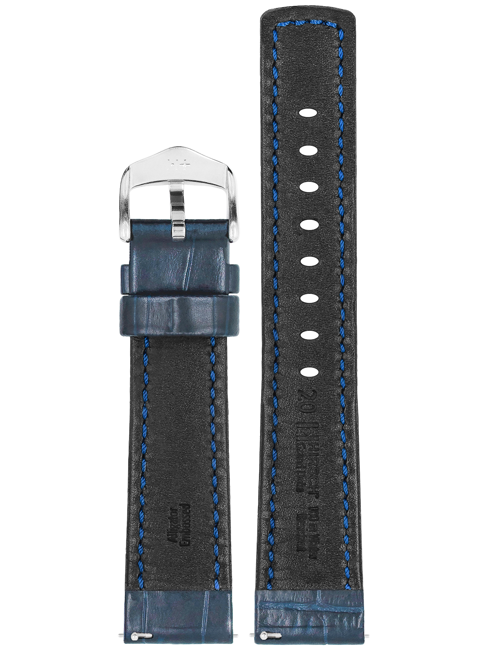 Nahaufnahme eines blauen Leder-Armbands mit blauen Nähten, Schnalle links und Text rechts.