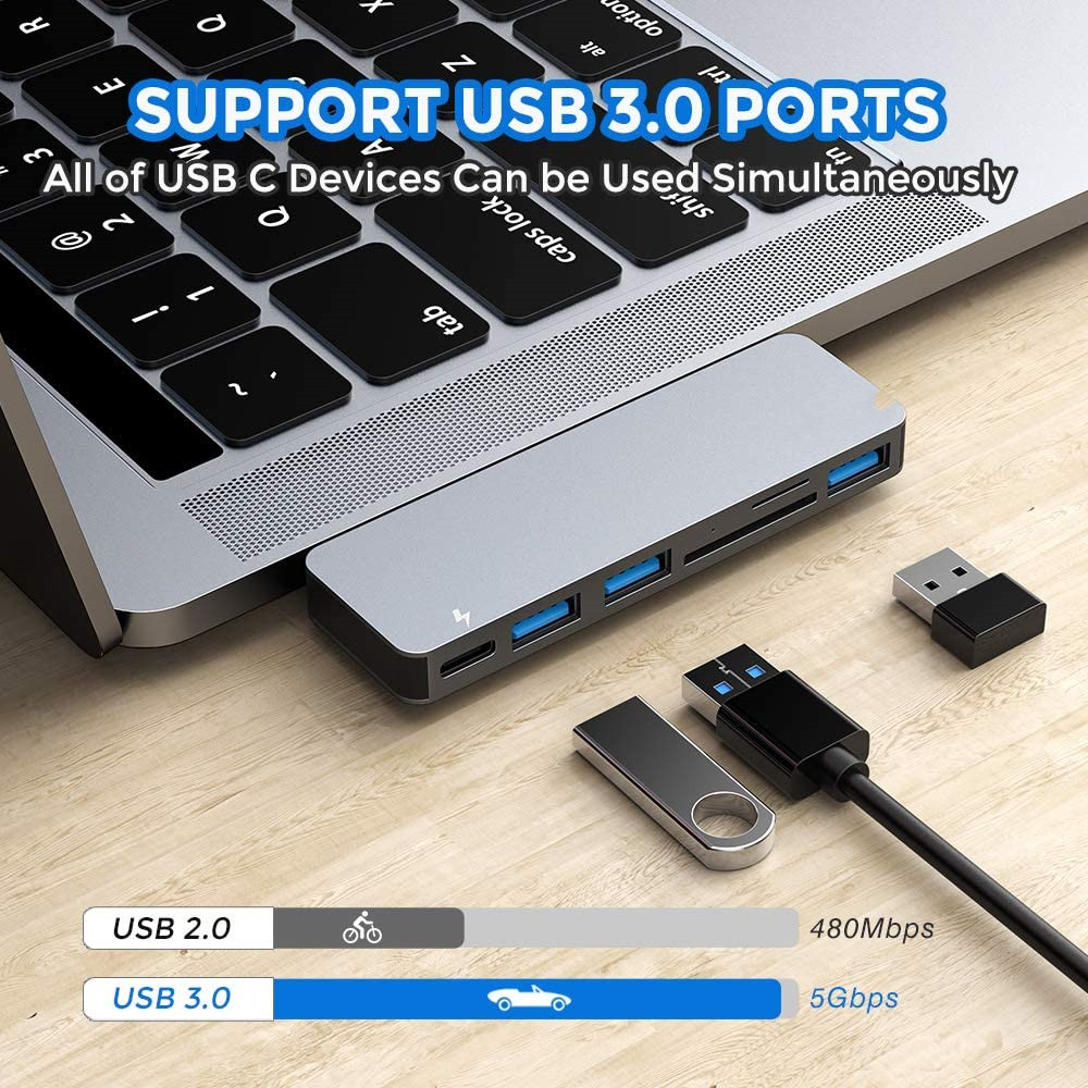 Laptop mit Hub, USB-Laufwerken und Speicherkarte. Text zeigt USB-Anschlussgeschwindigkeiten.