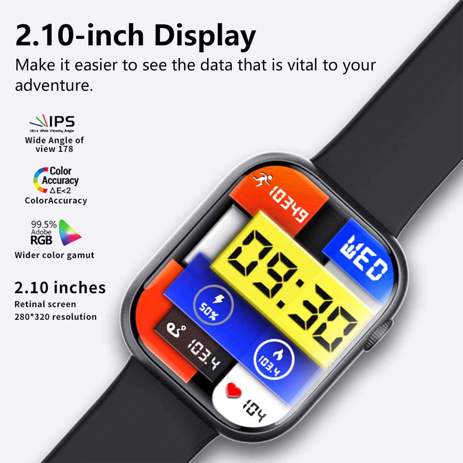 Eine Smartwatch mit schwarzem Armband, die Zeit und Gesundheitsdaten anzeigt.