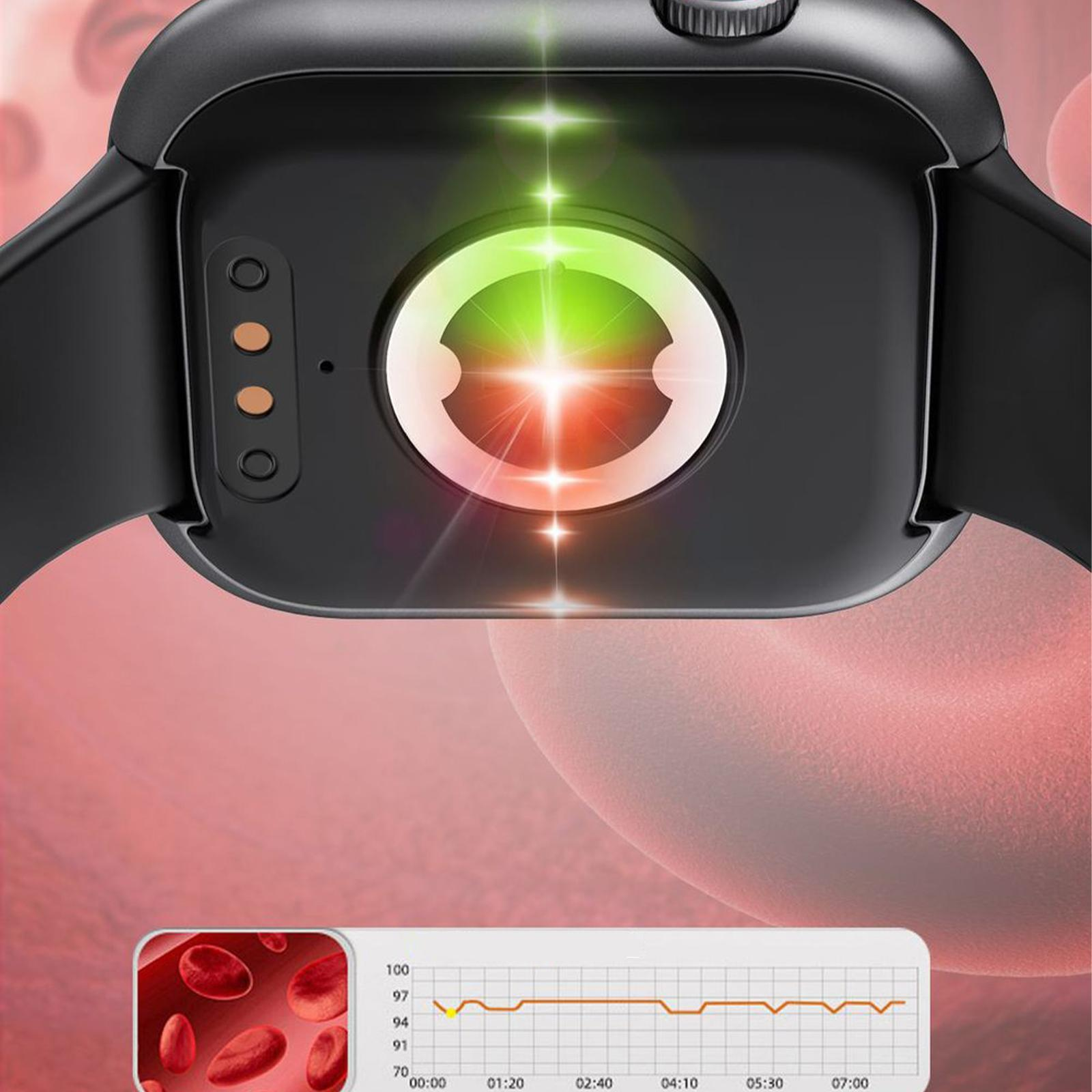 Eine Smartwatch mit schwarzem Armband. Die Rückseite zeigt den Herzfrequenzsensor.