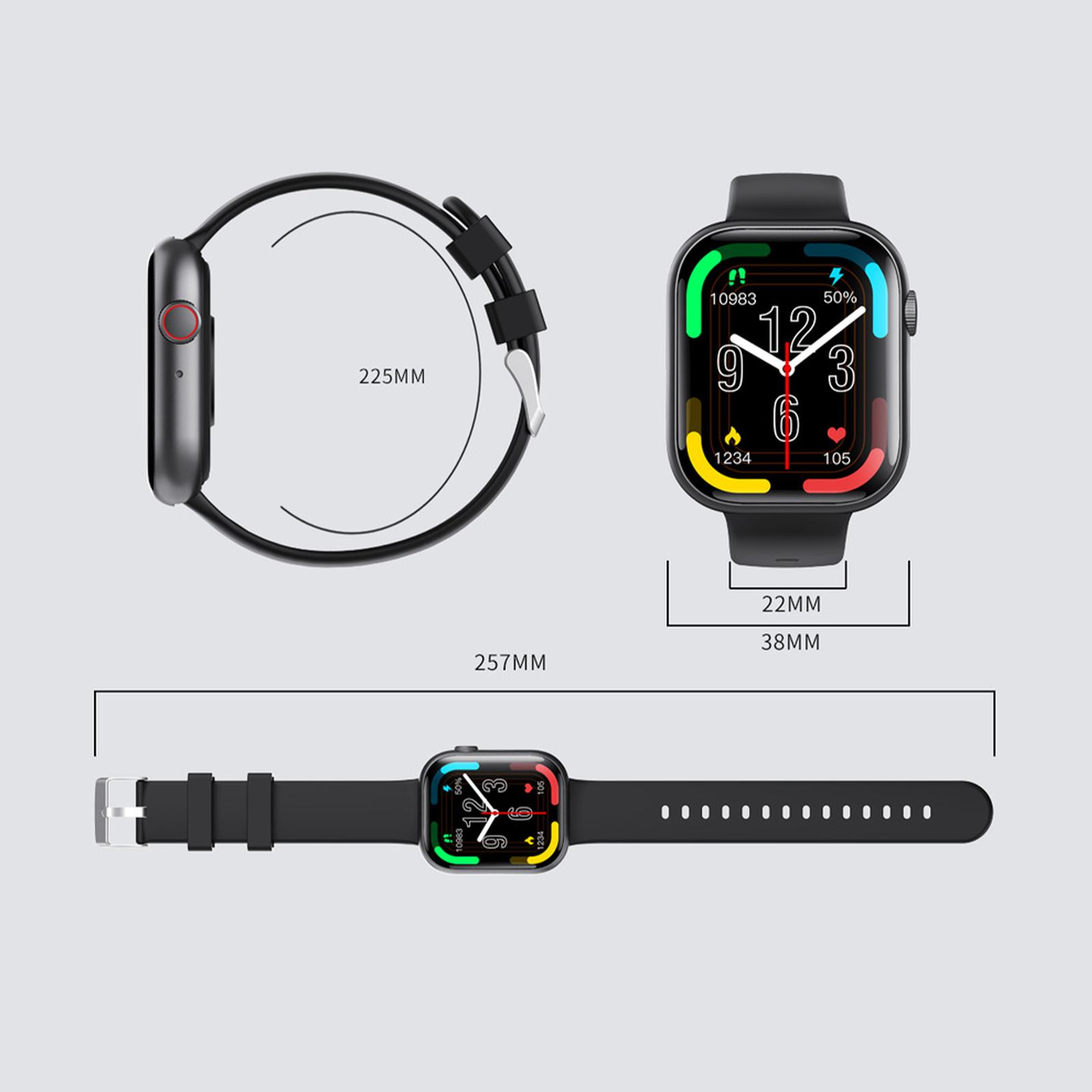 Diagramm einer Smartwatch, das Abmessungen und eine Seitenansicht mit schwarzem Armband zeigt.
