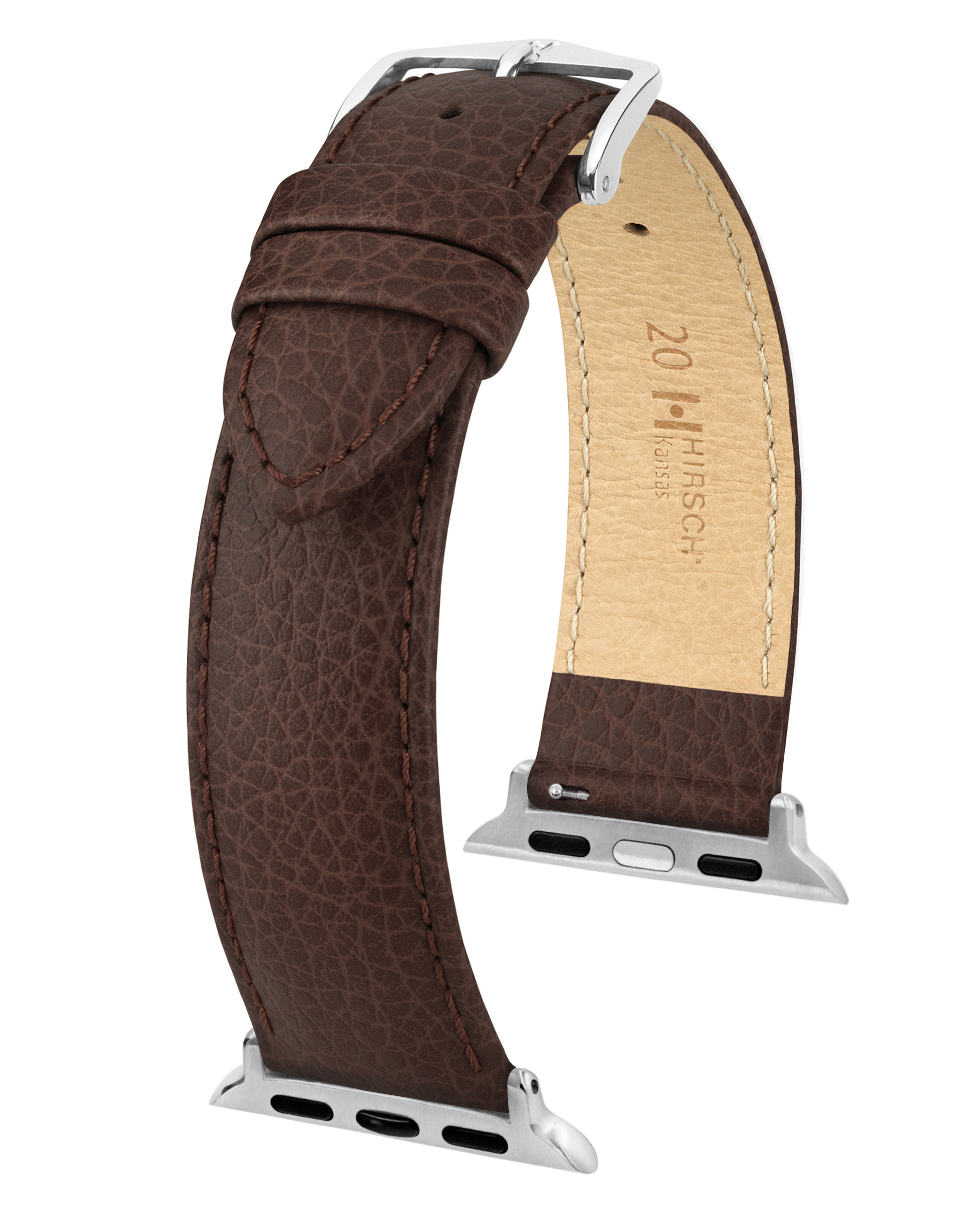 Braunes Lederarmband mit silberner Schnalle. Die Innenseite des Armbands ist beige.