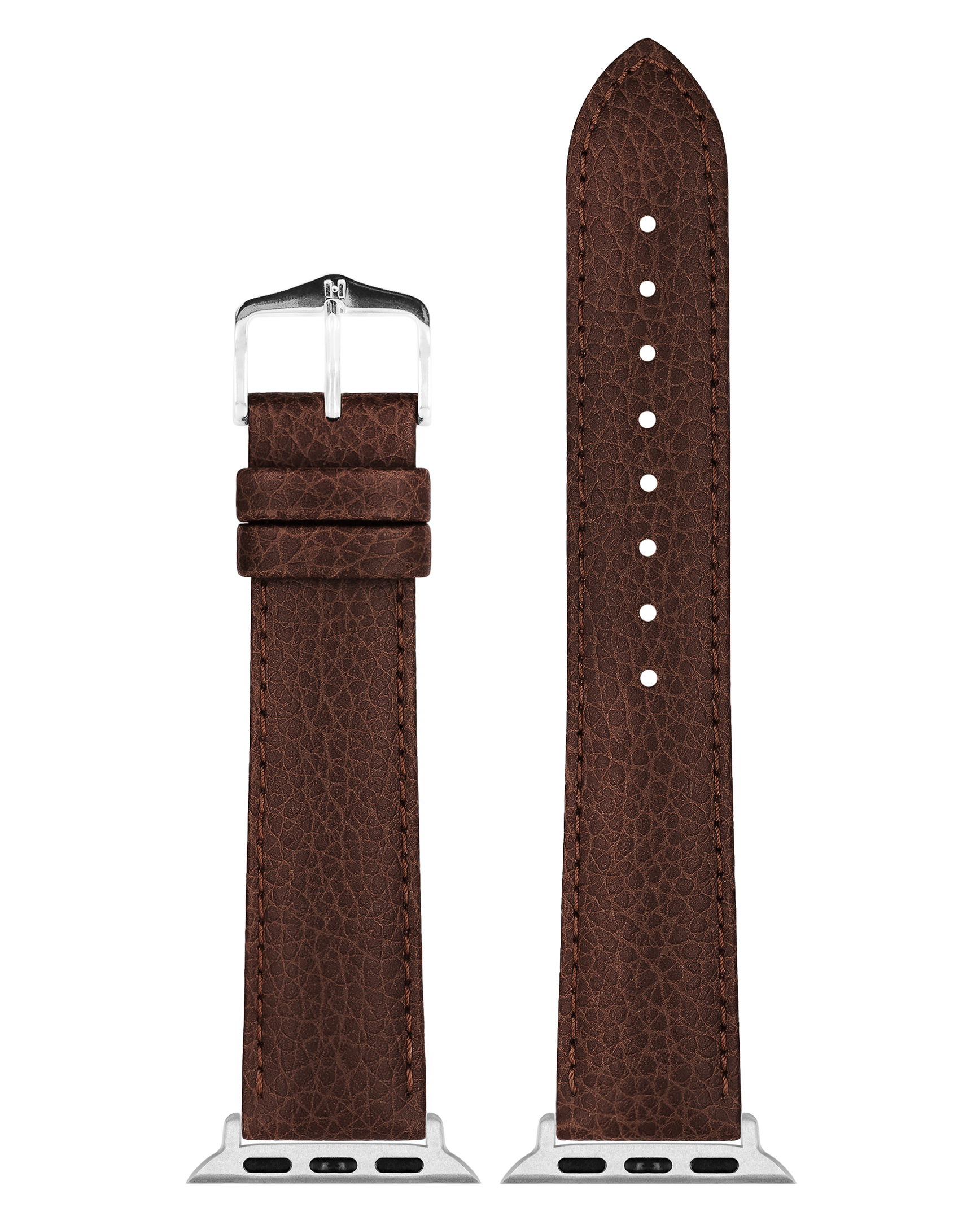 Braunes Lederarmband mit silberner Schnalle. Die Innenseite des Armbands ist beige.