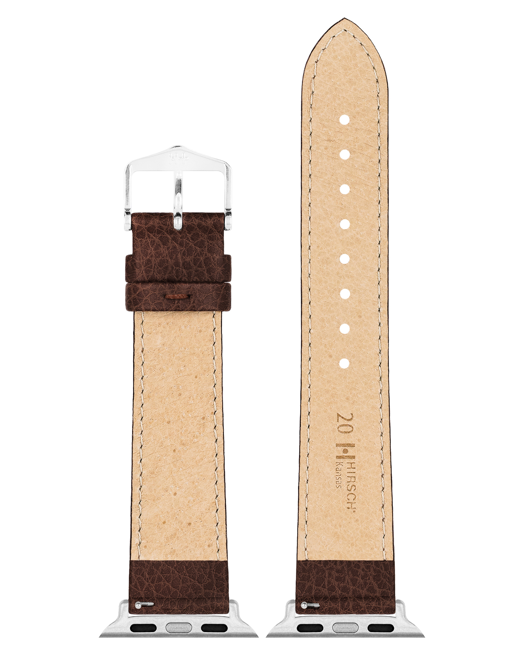 Braunes Lederarmband mit silberner Schnalle. Die Innenseite ist beige.