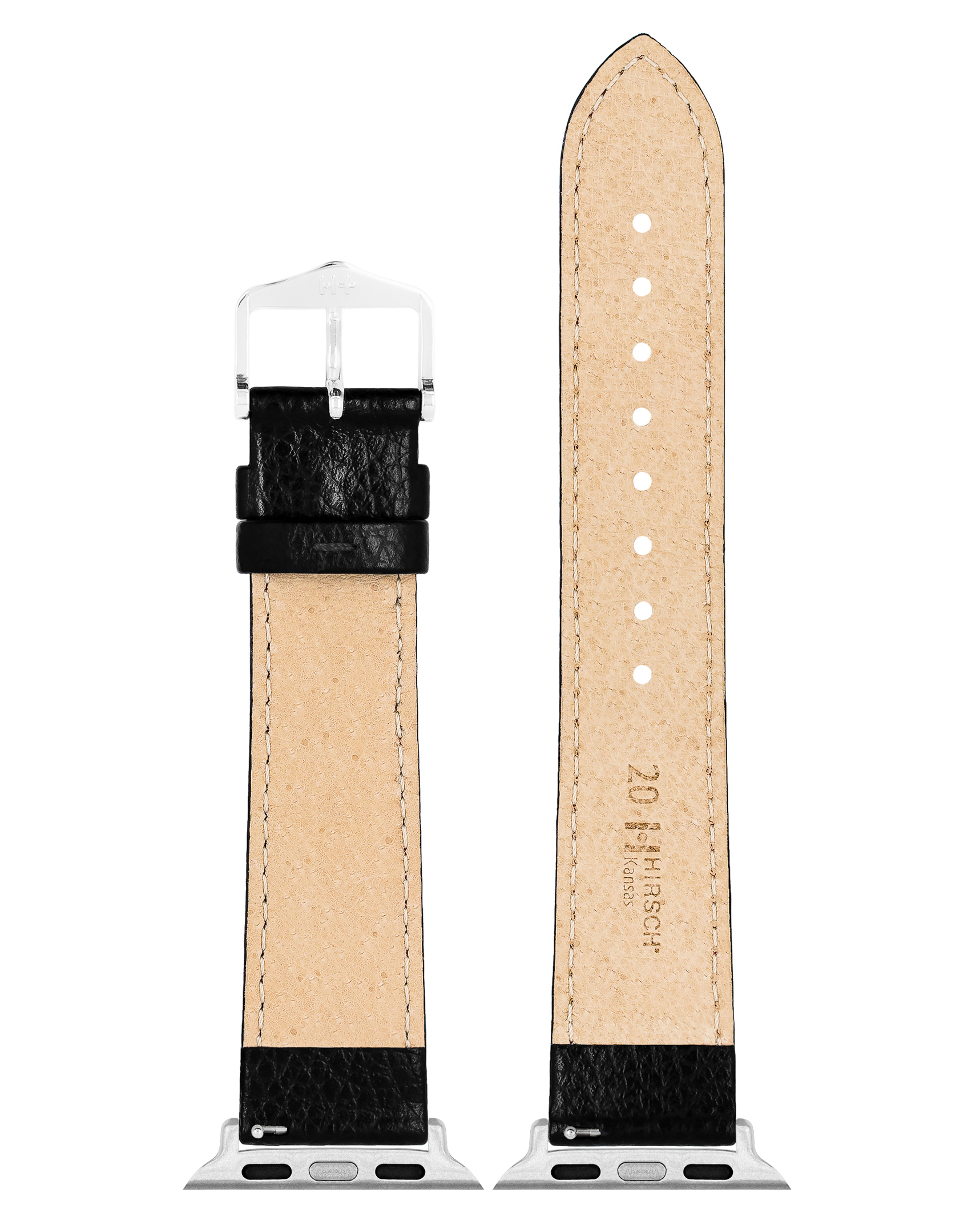 Schwarzes Lederarmband mit silberner Schnalle. Die Innenseite ist beige.