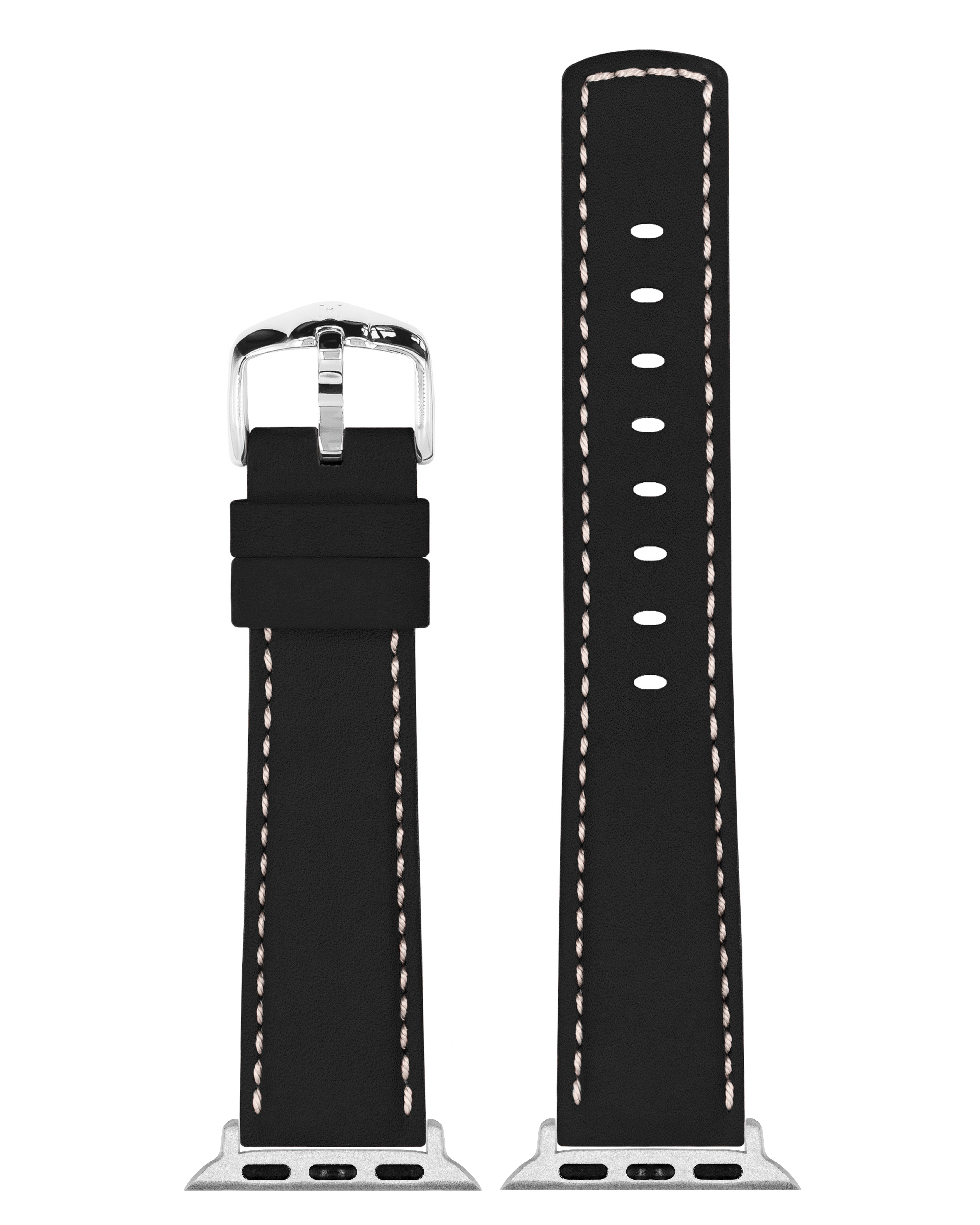Schwarzes Lederarmband mit weißen Nähten und silberner Schnalle. Das Armband ist nicht befestigt.
