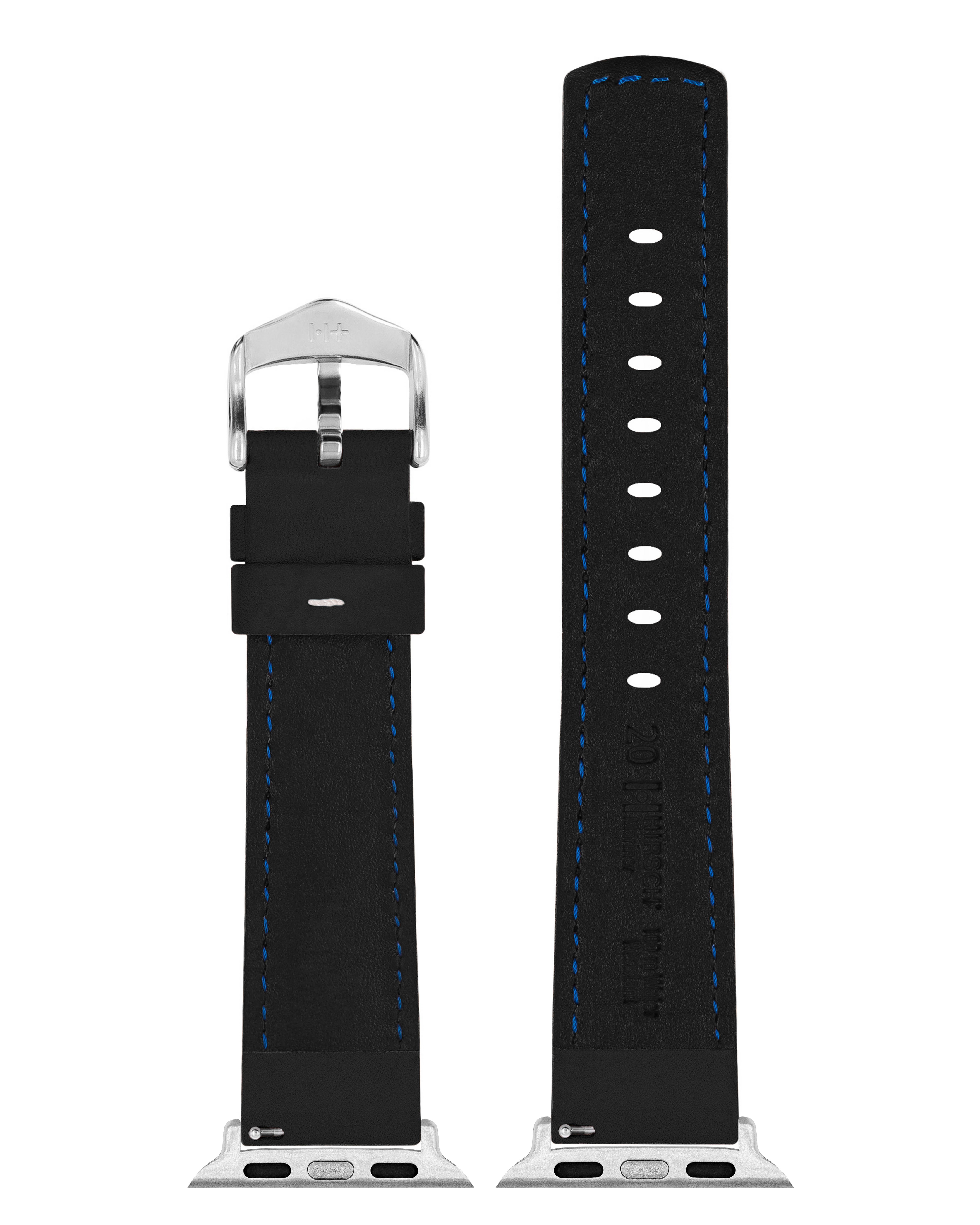 Schwarzes Leder-Uhrenarmband mit silberner Schnalle und blauen Nähten.