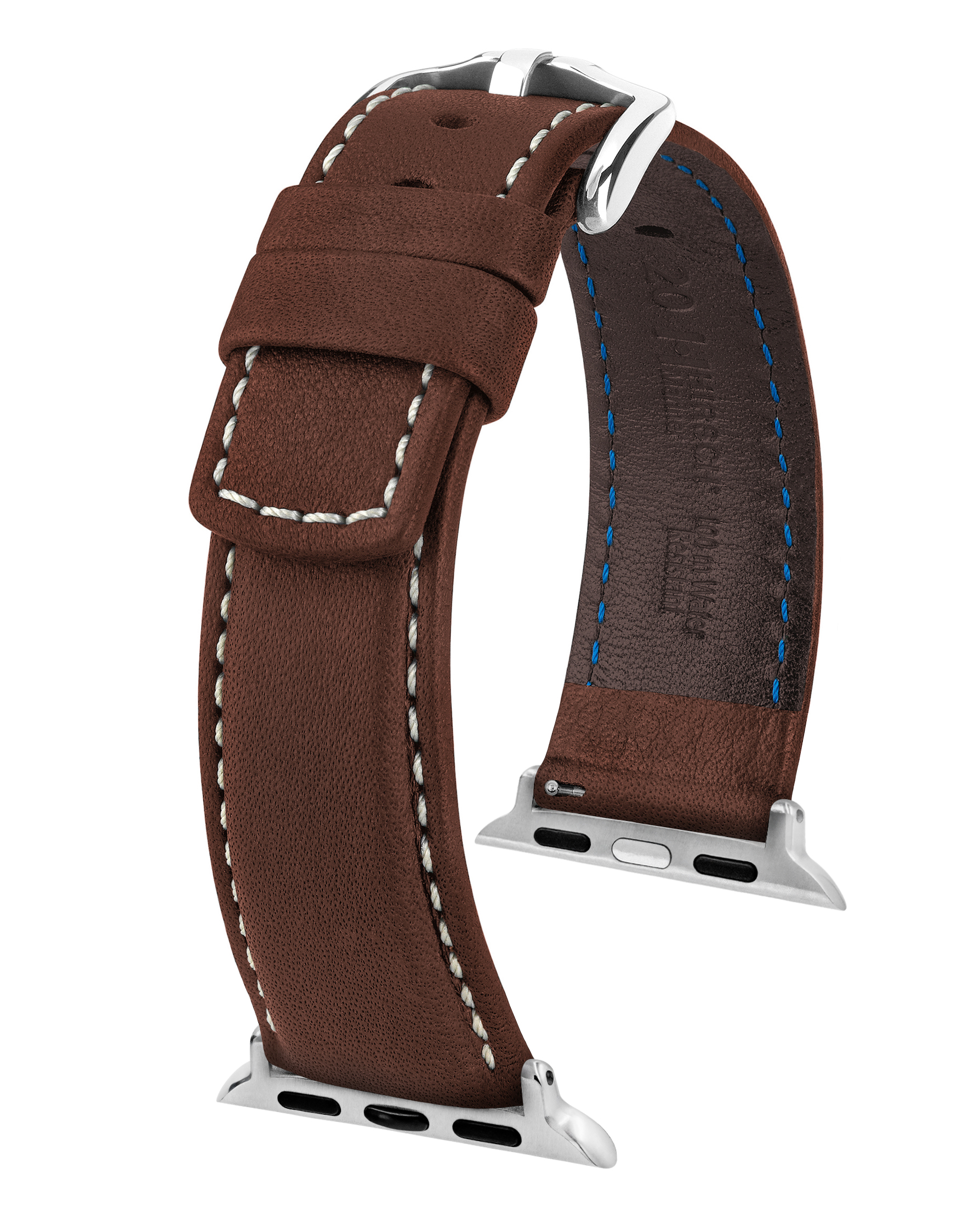 Braunes Leder-Uhrenarmband mit weißen Nähten und silberner Schnalle.