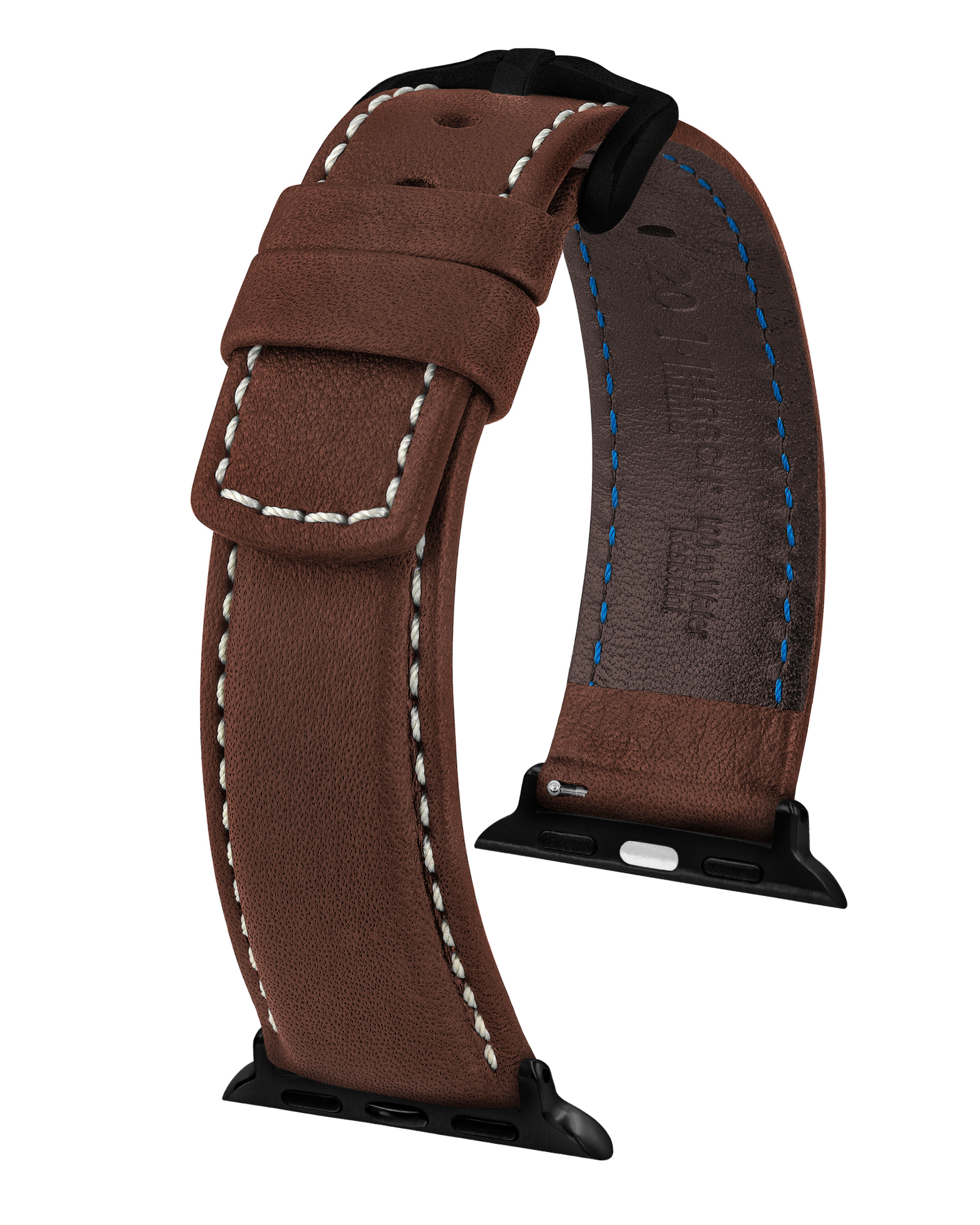 Braunes Leder-Uhrenarmband mit weißen Nähten und schwarzer Schnalle.