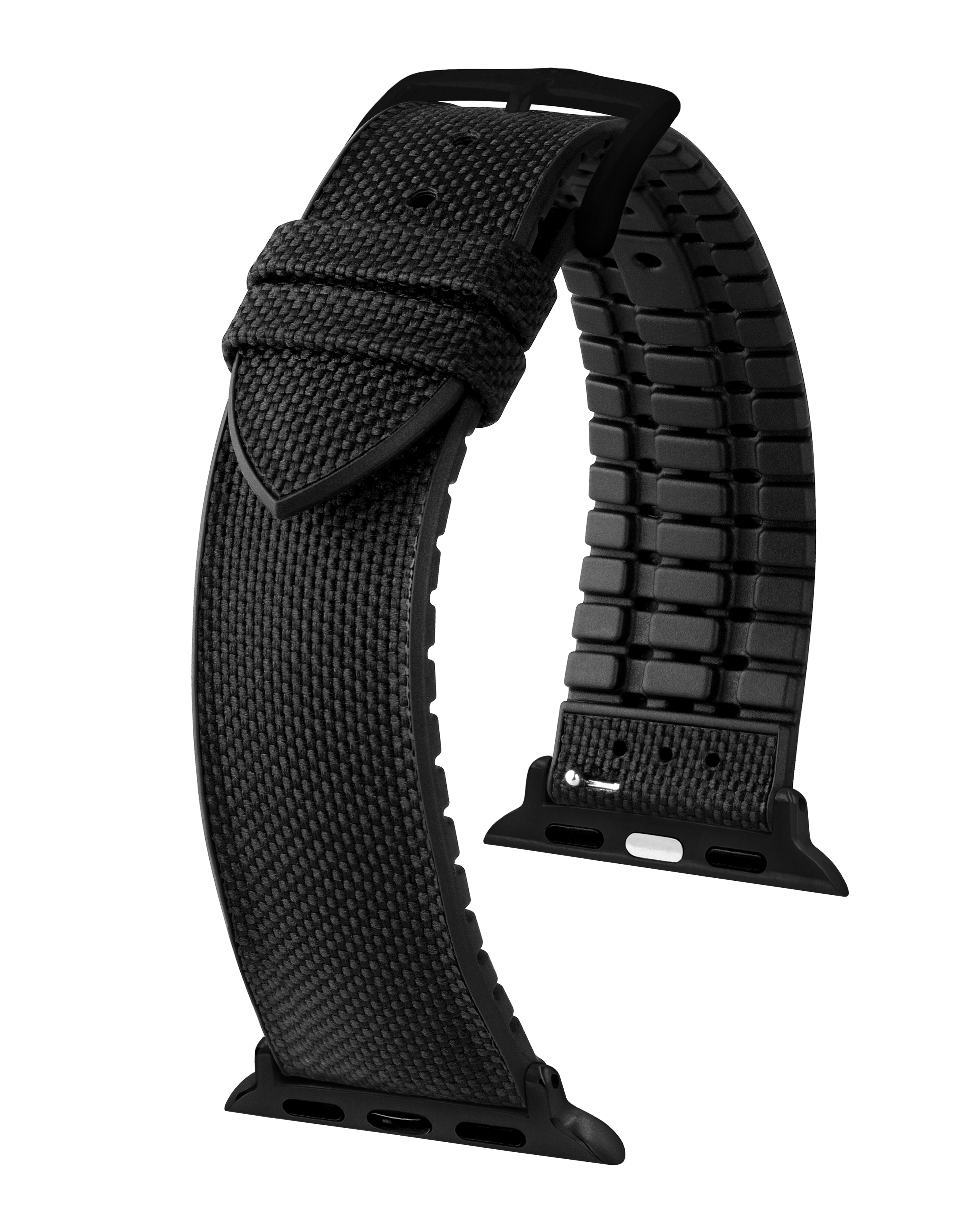 Schwarzes Nylon-Uhrenarmband mit schwarzer Schnalle und strukturierter Oberfläche.