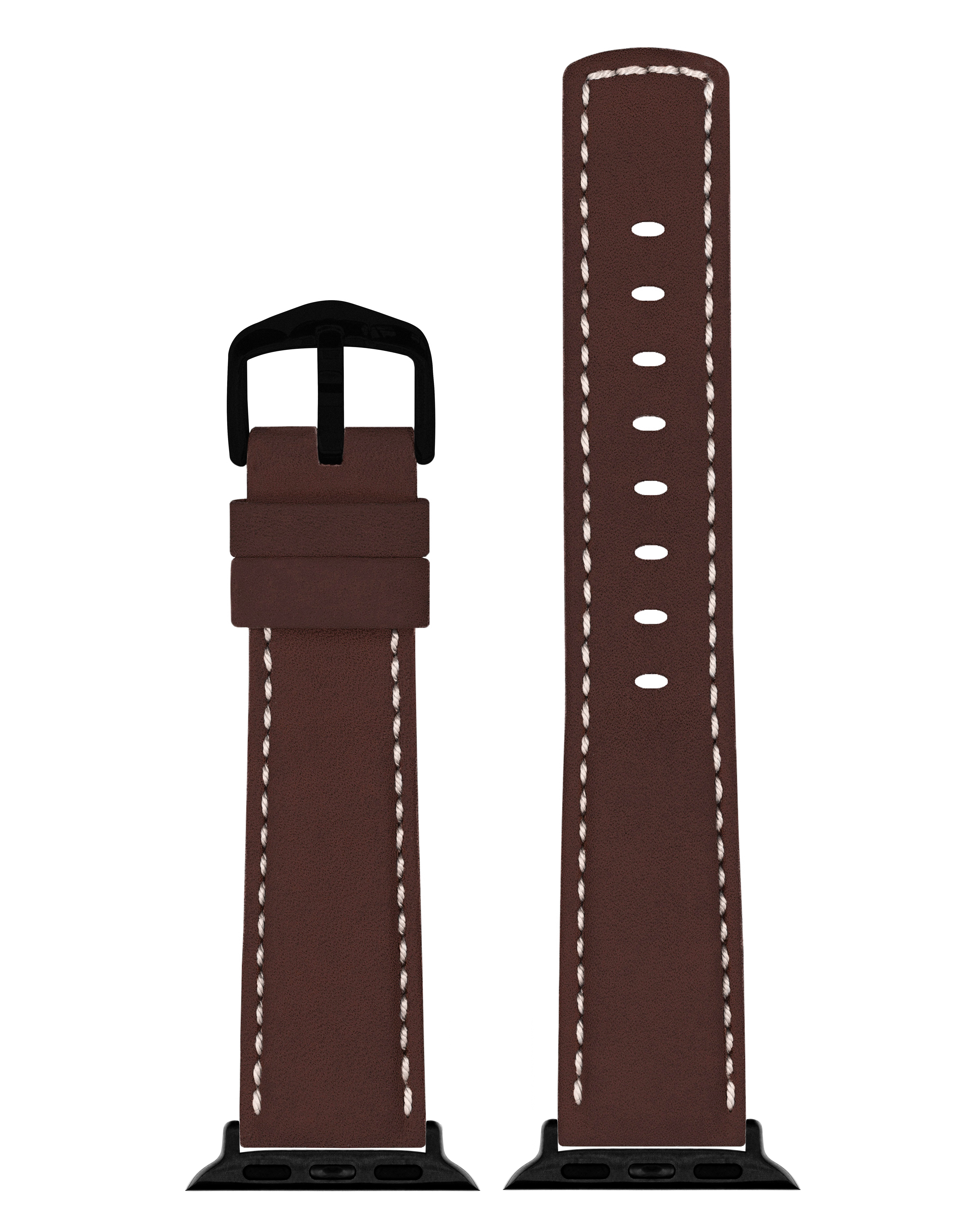 Braunes Leder-Uhrenarmband mit weißen Nähten und schwarzer Schnalle.