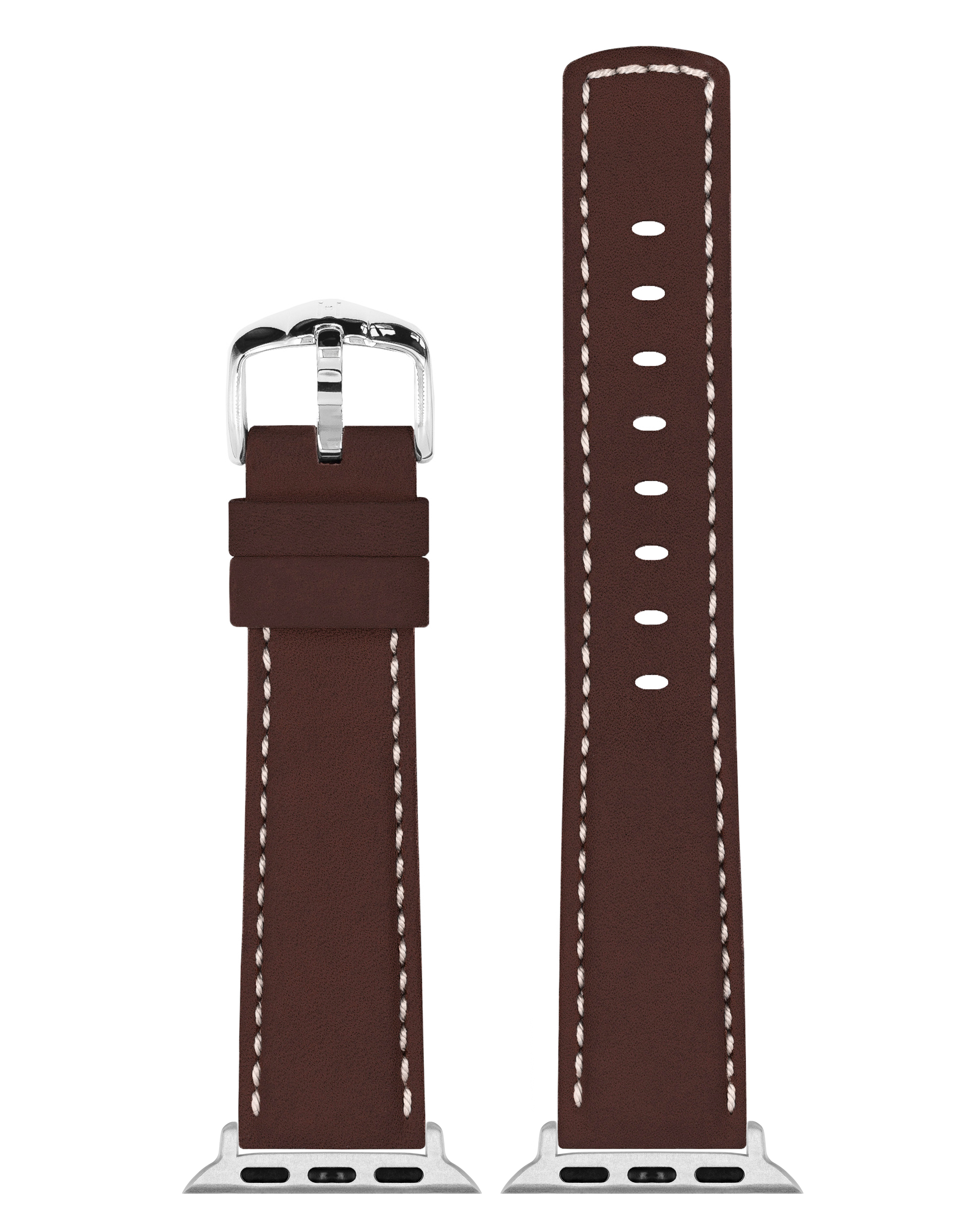 Braunes Leder-Uhrenarmband mit weißen Nähten und silberner Schnalle.