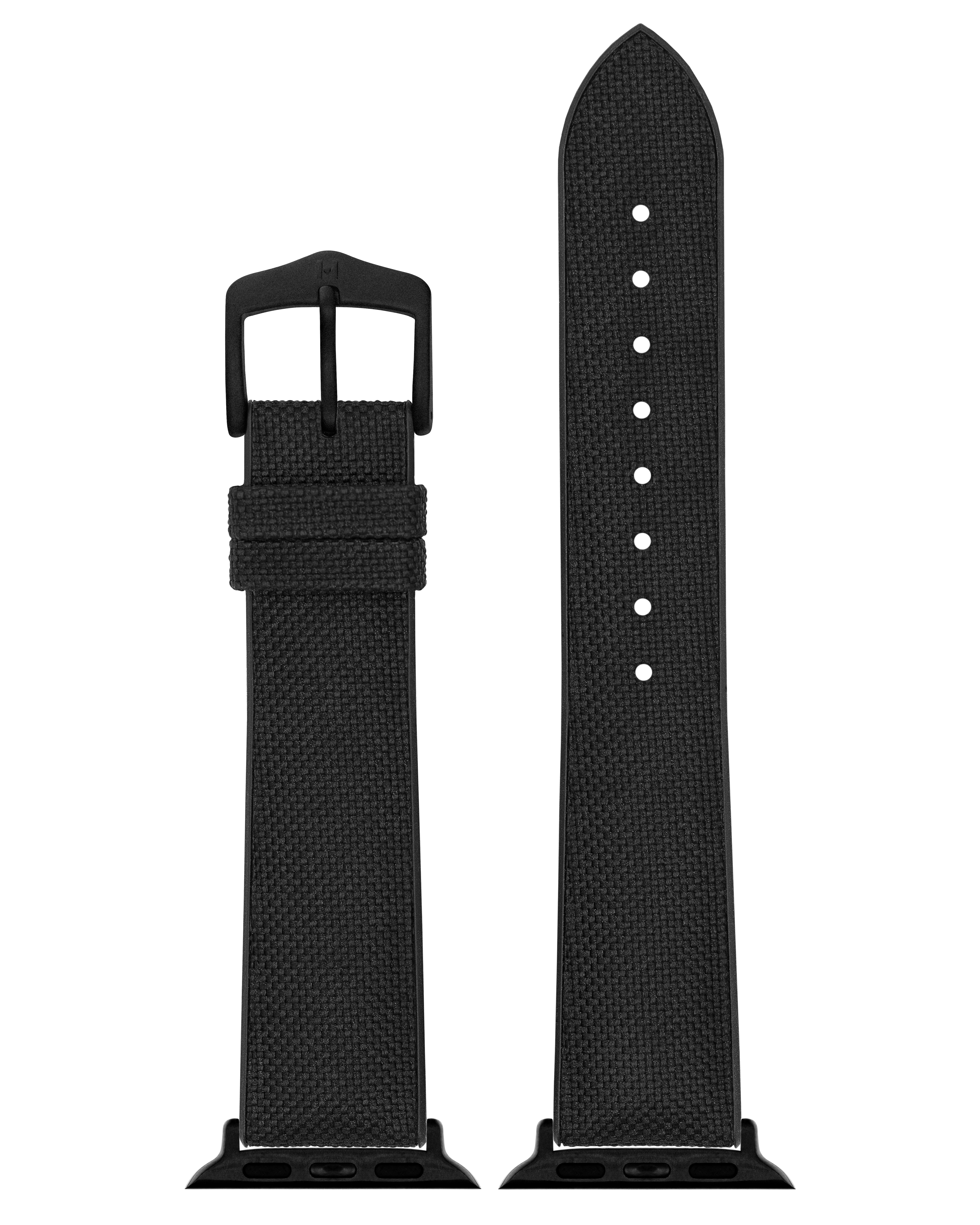 Schwarzes Nylon-Uhrenarmband mit schwarzer Schnalle.