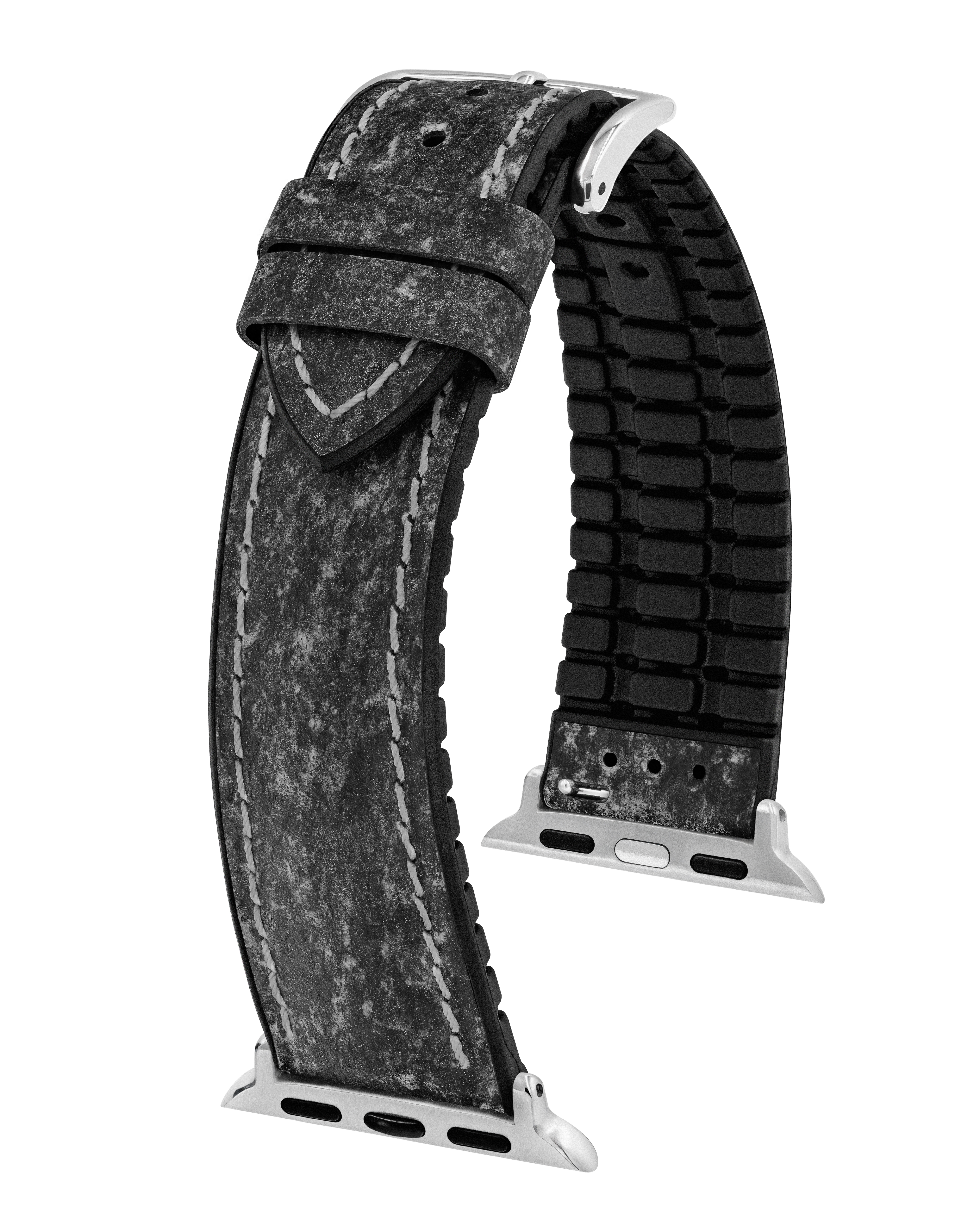 Schwarz-graues Leder-Uhrenarmband mit weißen Nähten und silberner Schnalle.