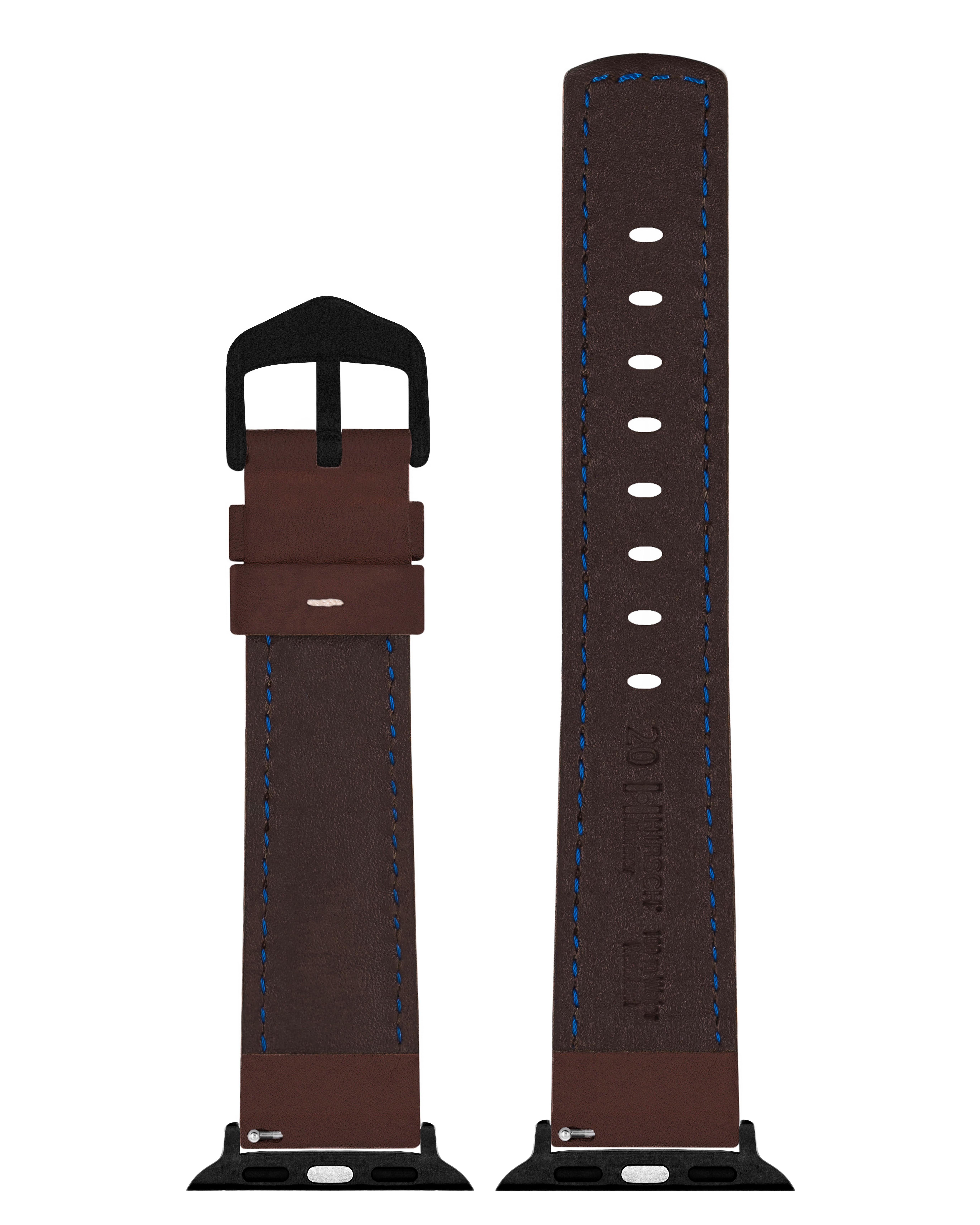 Braunes Leder-Uhrenarmband mit blauen Nähten und schwarzer Schnalle.