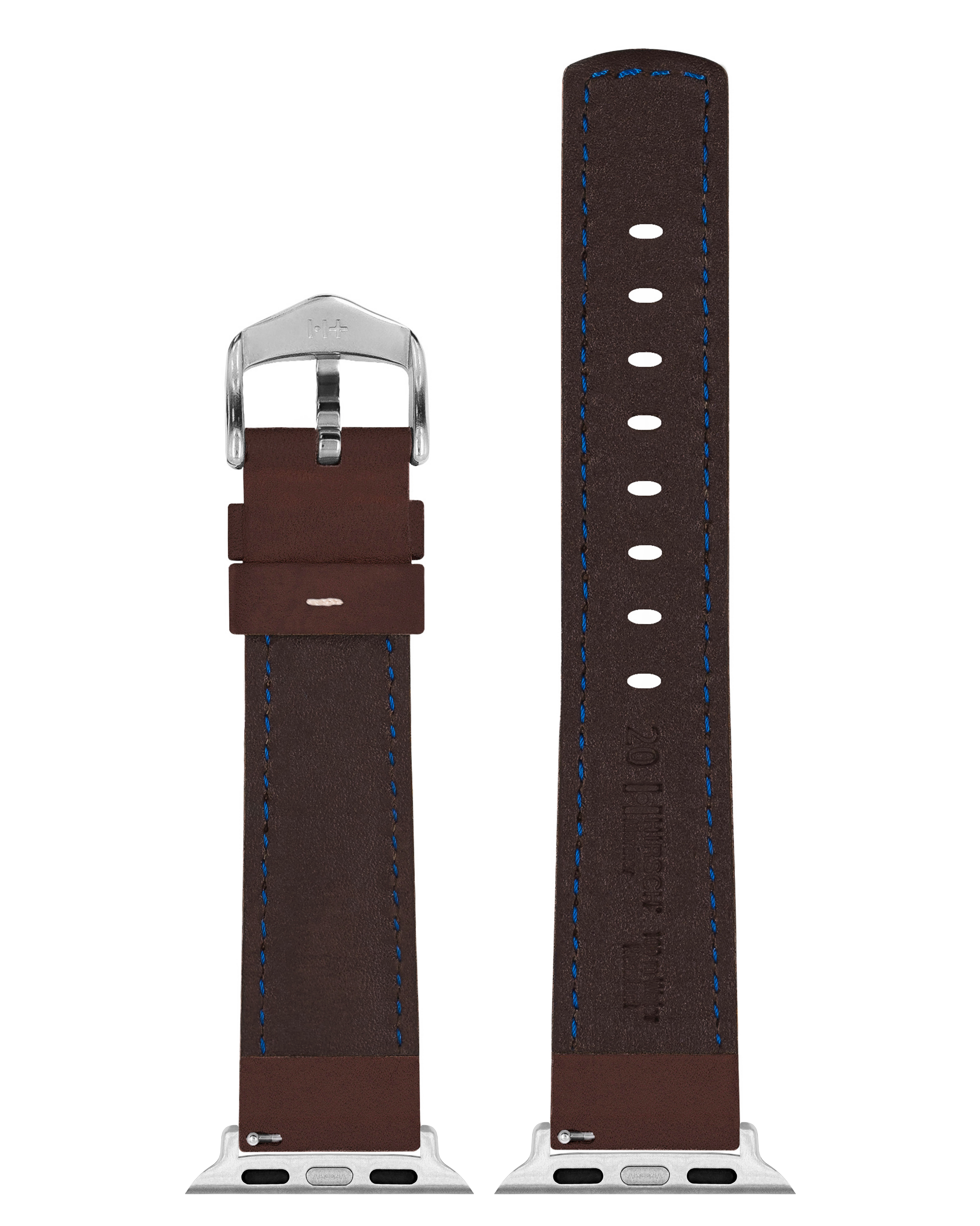 Braunes Leder-Uhrenarmband mit blauen Nähten. Silberne Schnalle sichtbar.