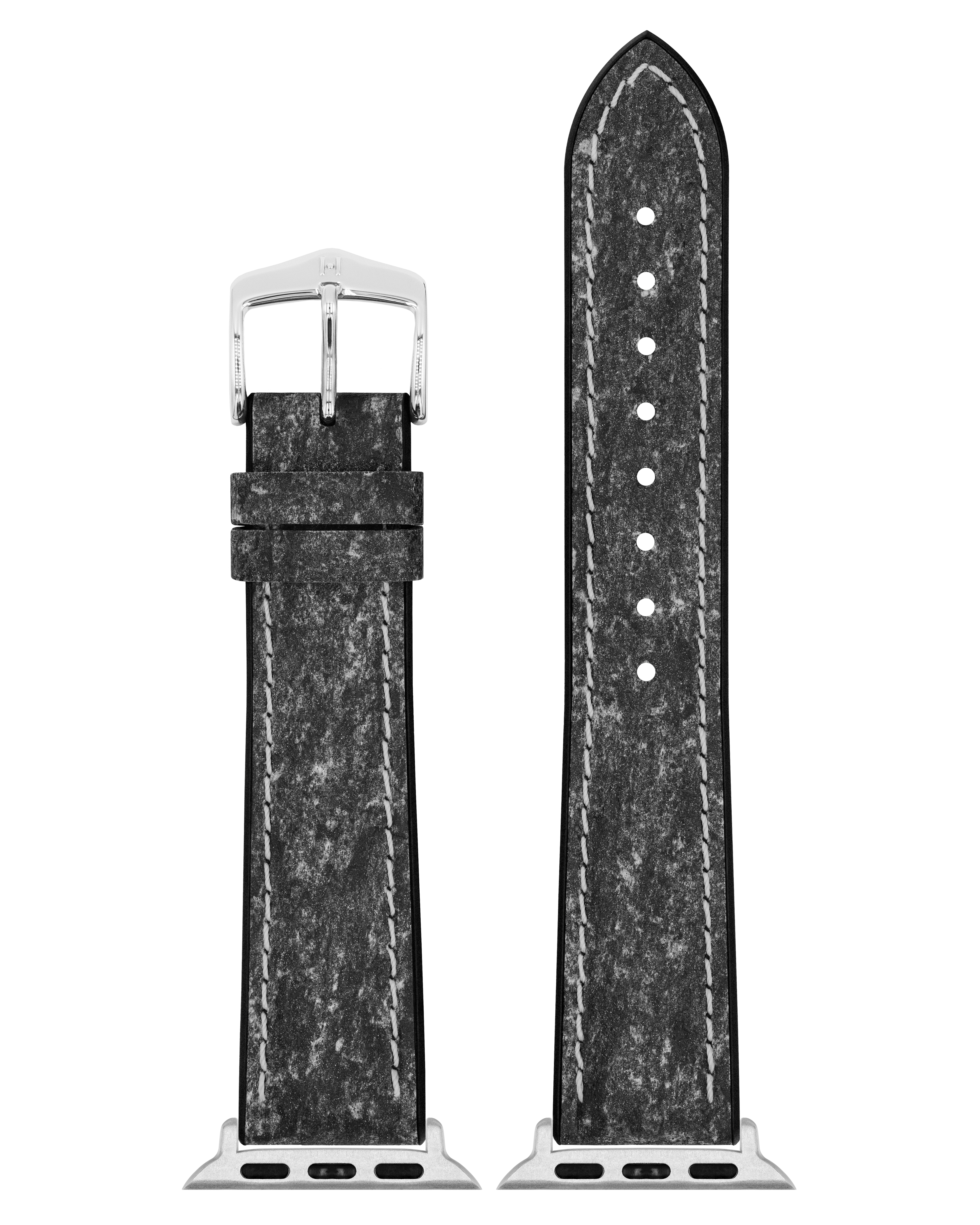 Dunkelgraues Uhrenarmband mit weißen Nähten und silberner Schnalle.
