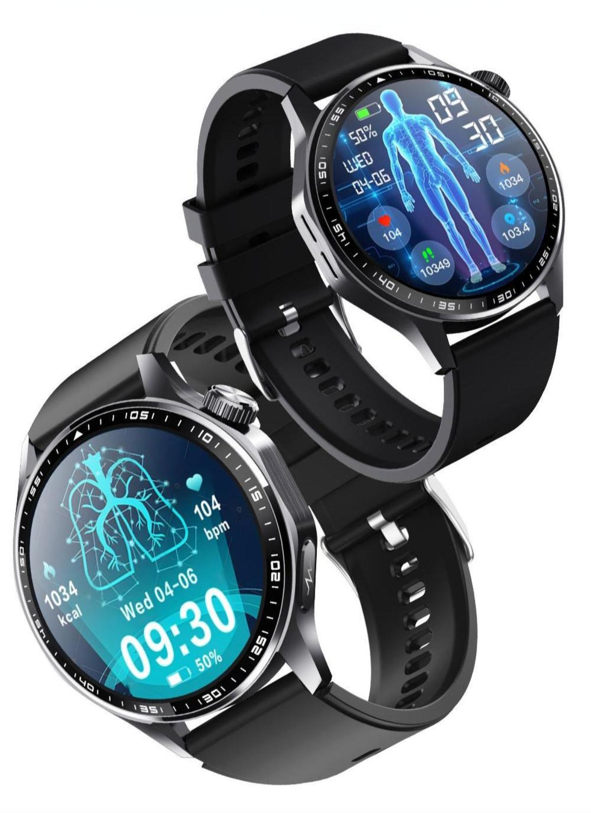 Zwei Smartwatches mit schwarzen Armbändern, die Gesundheitsmetriken anzeigen. Eine zeigt ein menschliches Körperdiagramm, die andere eine Herzfrequenzgrafik.