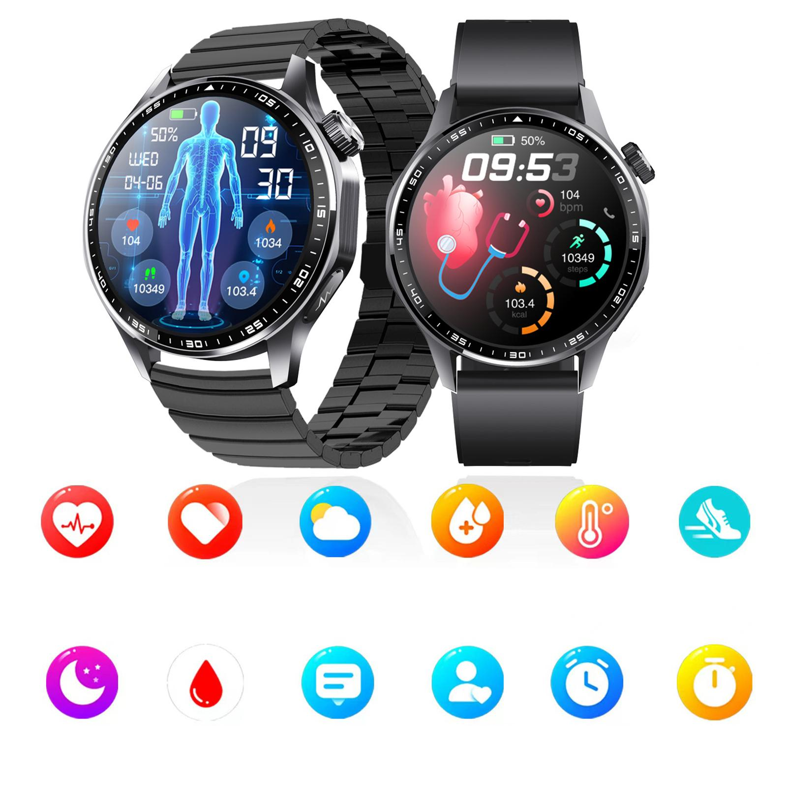 Zwei Smartwatches mit schwarzen Armbändern und verschiedenen gesundheitsbezogenen Symbolen. Eine zeigt einen Körperscan, die andere eine Herzfrequenzgrafik.