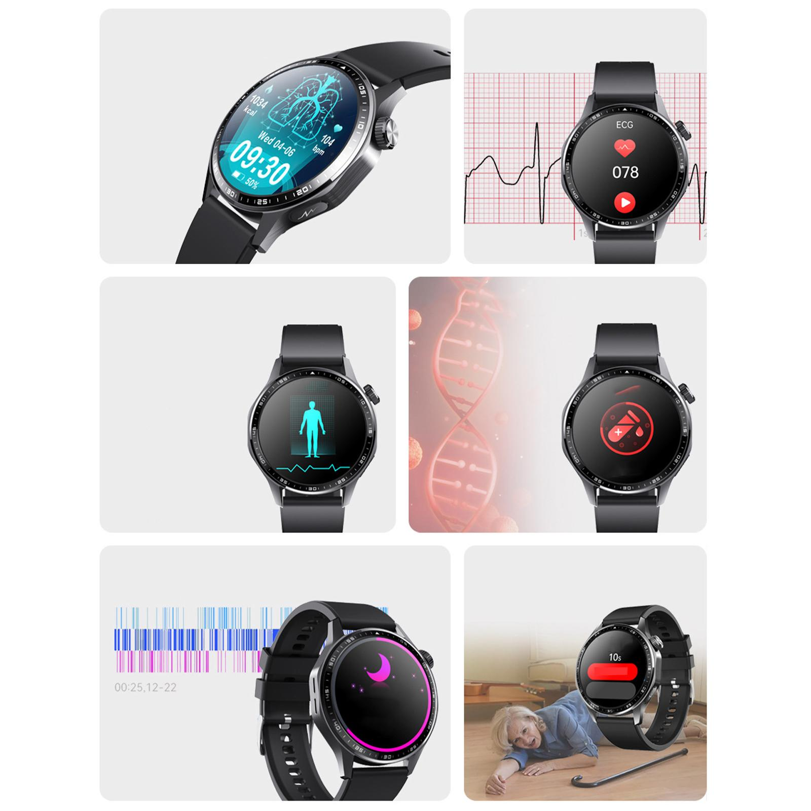 Eine Collage von Smartwatch-Anzeigen, die Gesundheitsmetriken zeigen, darunter Herzfrequenz und Körperscans. Eine Person liegt auf dem Boden.