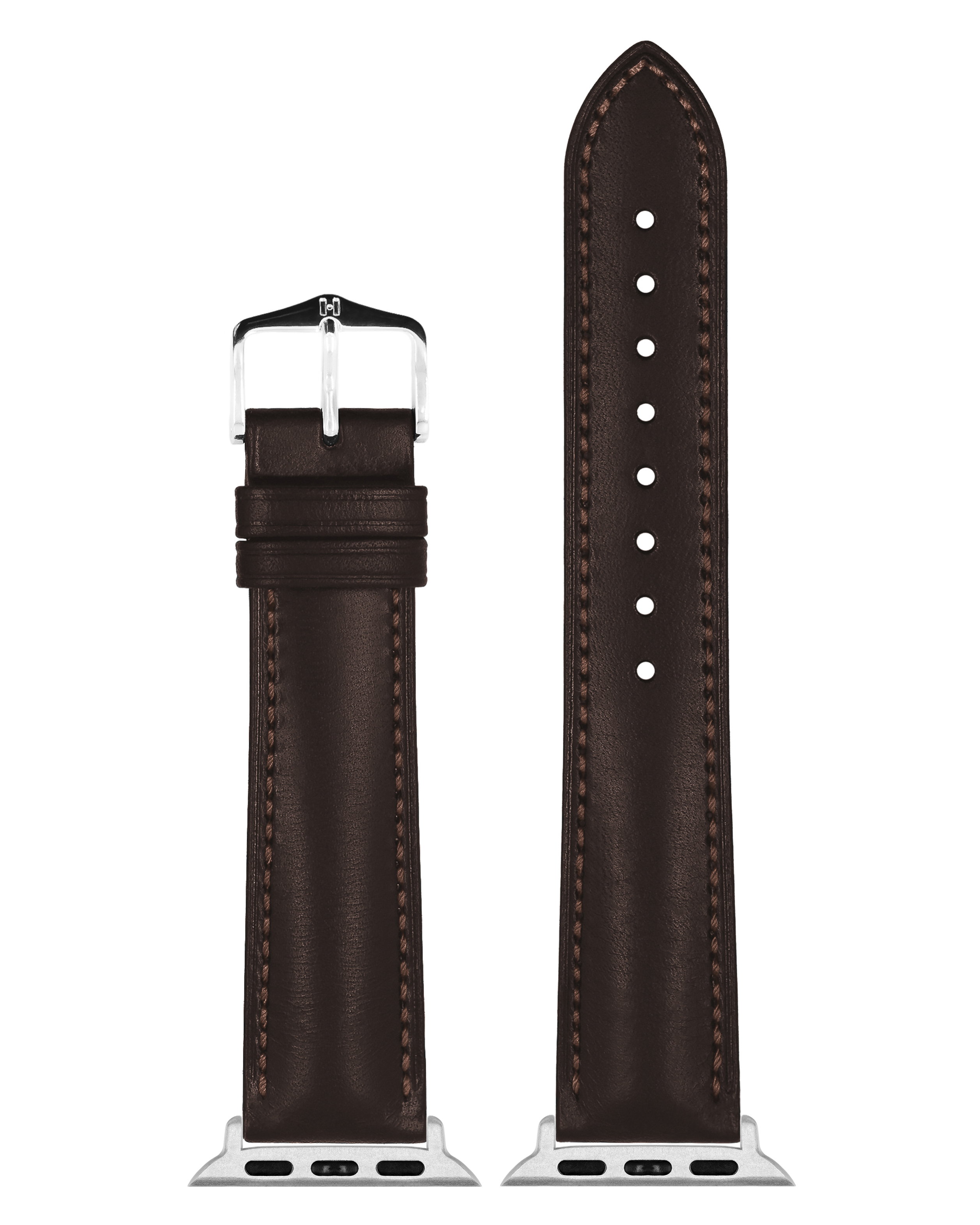 Zwei Uhrenarmbänder: dunkelbraunes Leder mit silbernen Verschlüssen. Eines ist komplett montiert, das andere ist das Armband selbst.
