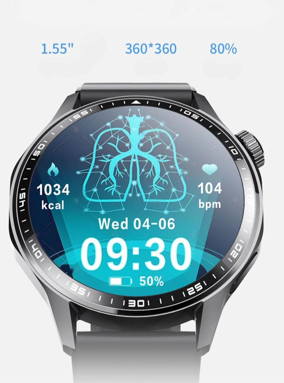 Nahaufnahme einer Smartwatch mit schwarzem Armband. Sie zeigt Gesundheitsmetriken, einschließlich kcal, bpm und einen Körperscan.