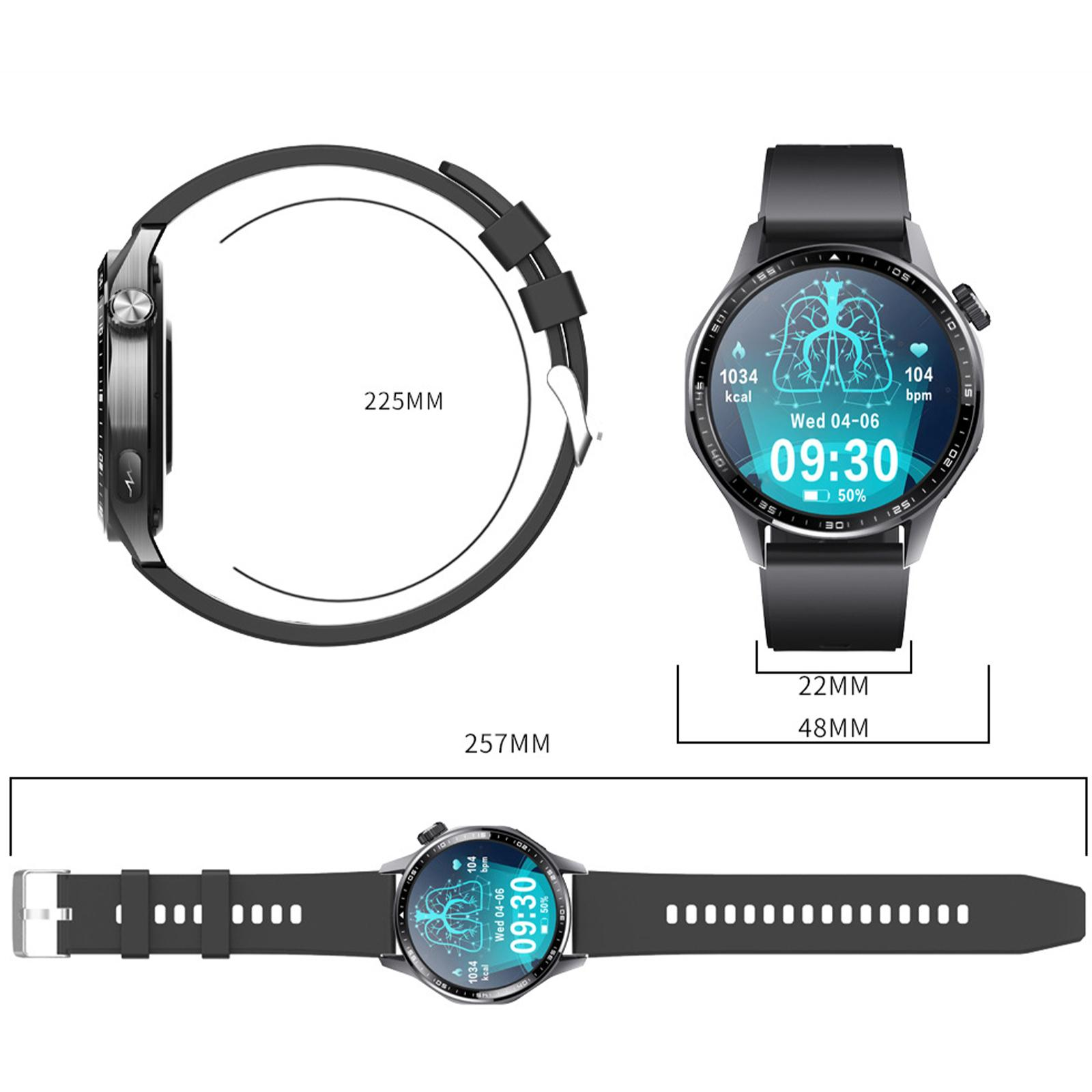 Eine Smartwatch wird in drei Ansichten gezeigt, mit Abmessungen und Messungen, die auf dem Bild überlagert sind.