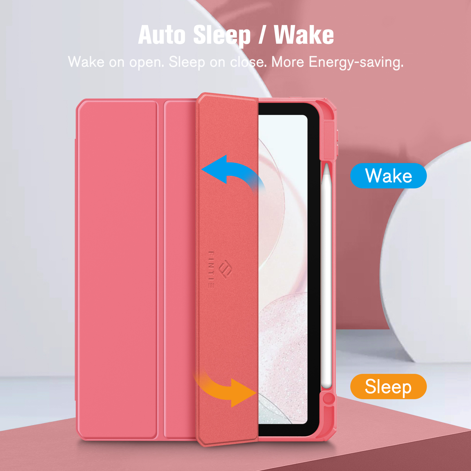 Eine rosa Tablet-Hülle geöffnet. Die Wörter 'Auto Sleep/Wake' und 'FINITE' sind auf der Hülle sichtbar.