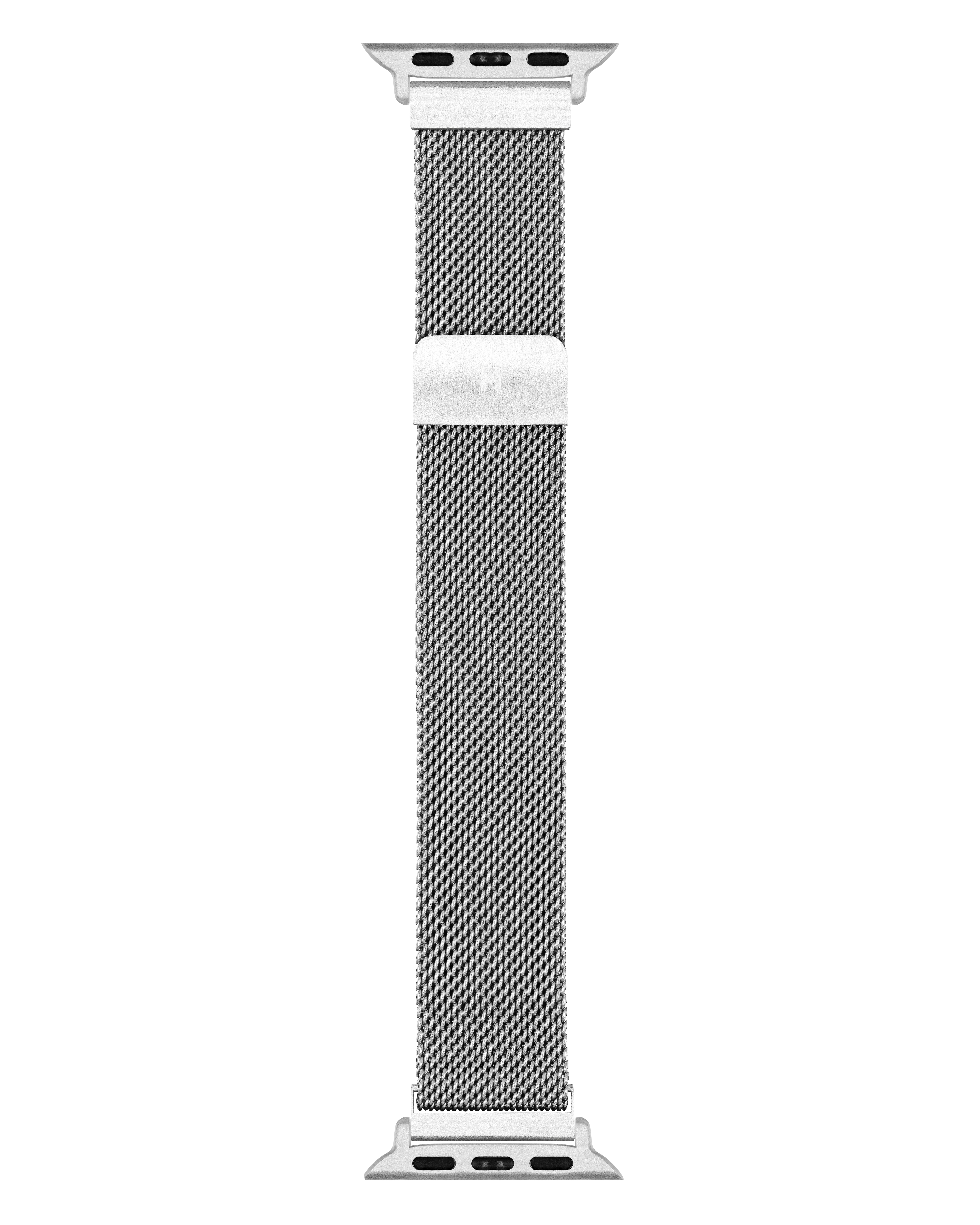 Ein silbernes Mesh-Uhrenarmband, von vorne betrachtet. Der Verschluss des Armbands ist sichtbar.