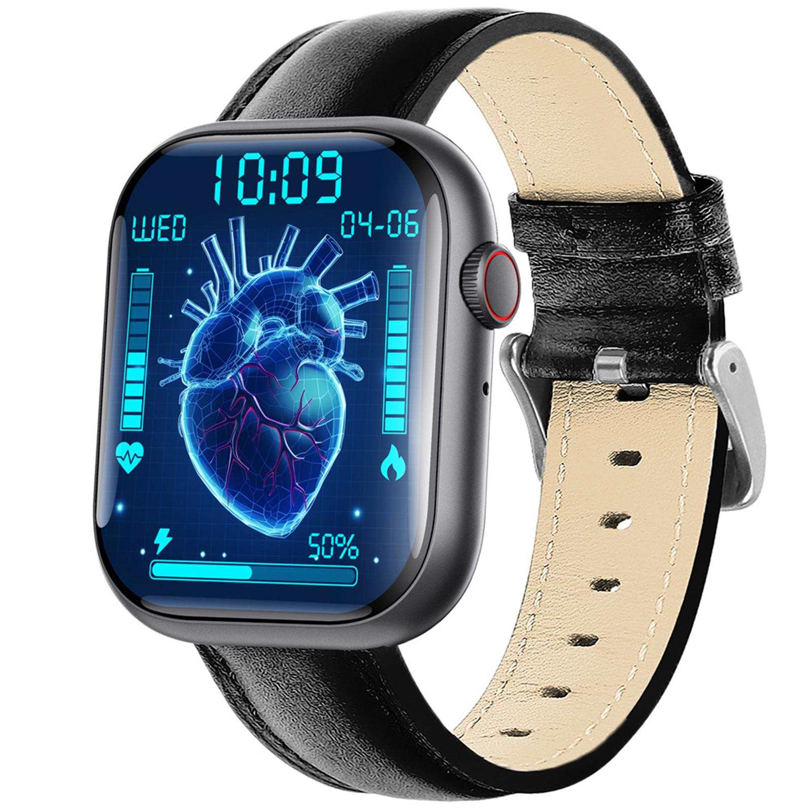 Eine Smartwatch mit schwarzem Lederarmband. Der Bildschirm zeigt Gesundheitsmetriken, einschließlich eines Herzbildes.
