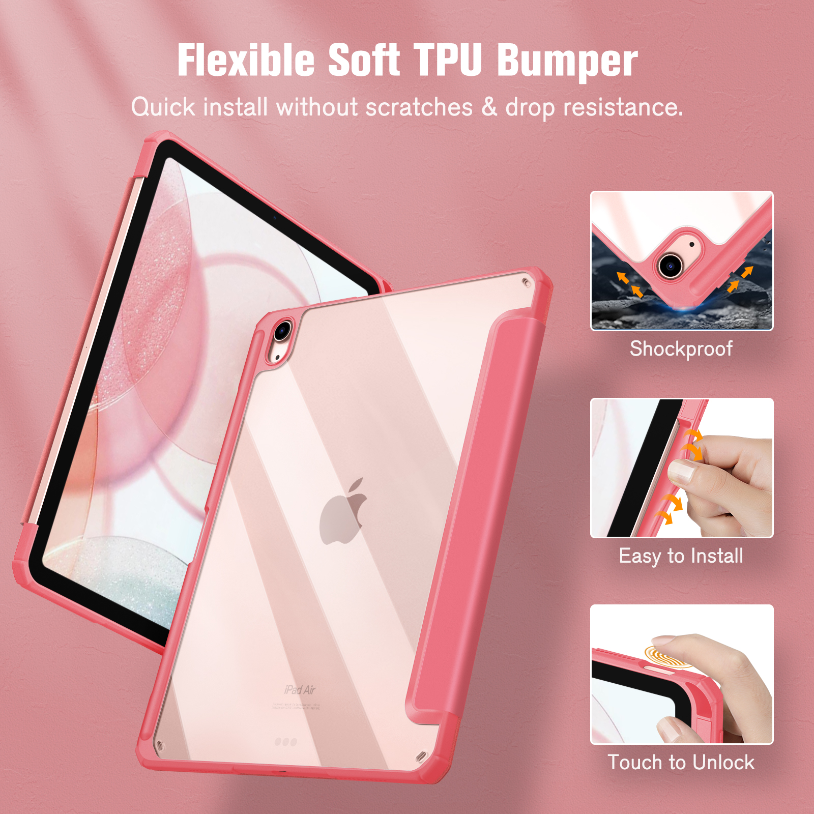 Rosa iPad-Hülle mit durchsichtigem Rücken. Text: Flexible Soft TPU Bumper. Schnelle Installation.