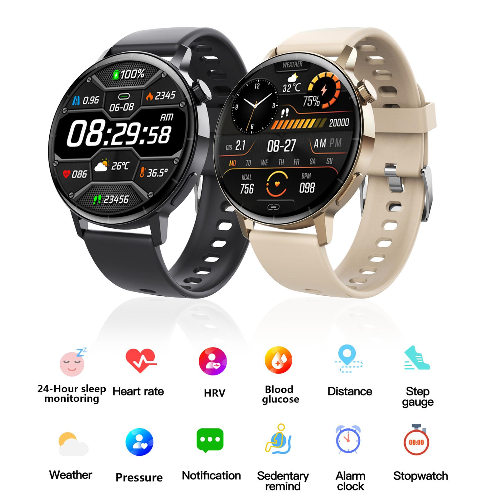 Zwei Smartwatches. Eine schwarz, eine beige. Zeigen Gesundheitsmetriken und Zeit an. Symbole für verschiedene Gesundheitsfunktionen.