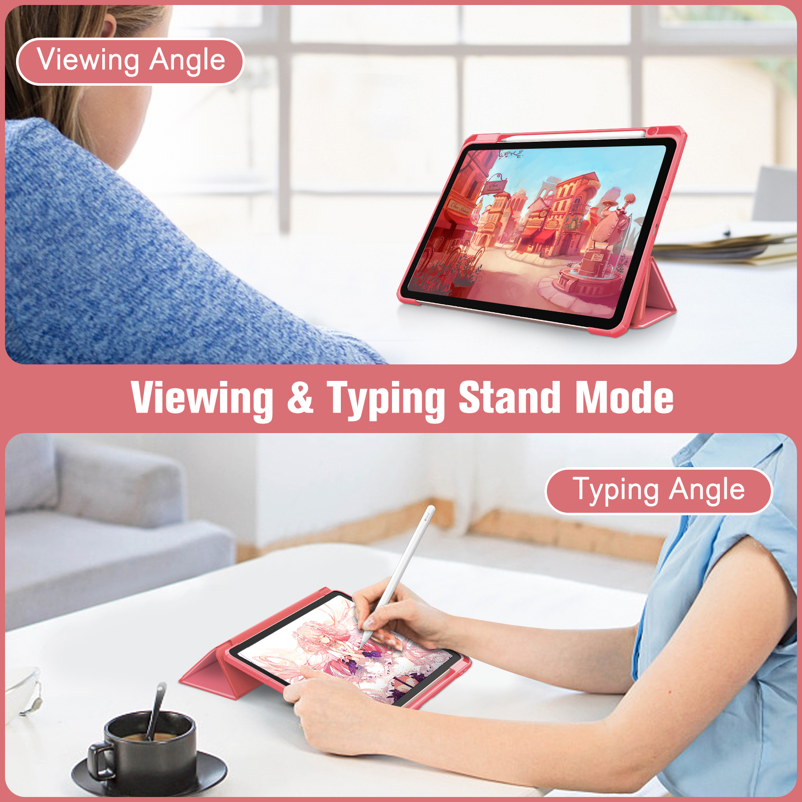 Frau benutzt eine rosa iPad-Hülle. Die Hülle befindet sich im Ständer-Modus. Ein weiteres iPad wird ebenfalls im Ständer-Modus angezeigt.