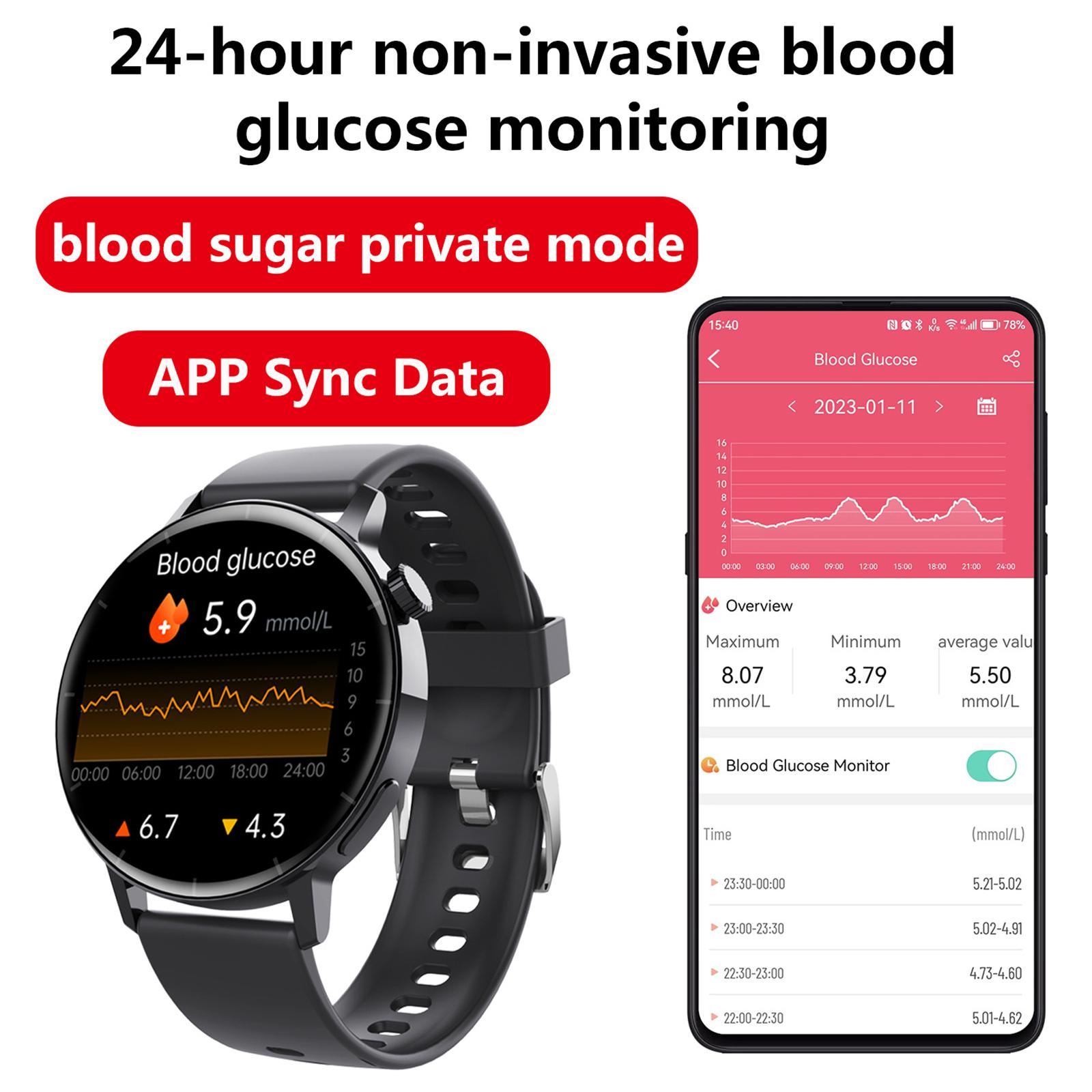 Smartwatch zeigt Blutzuckerdaten. Ein Diagramm und numerische Werte werden angezeigt. Mit einem Smartphone verbunden, das Daten anzeigt.