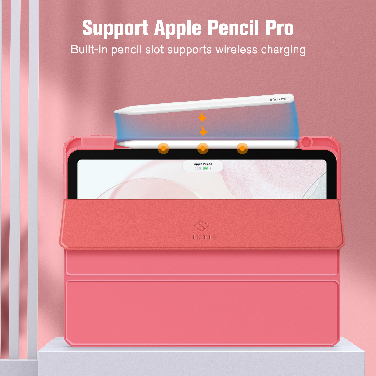 Rosa iPad-Hülle mit eingebautem Stiftschlitz. Text: Support Apple Pencil Pro. Der Stift wird oben auf der Hülle gezeigt.
