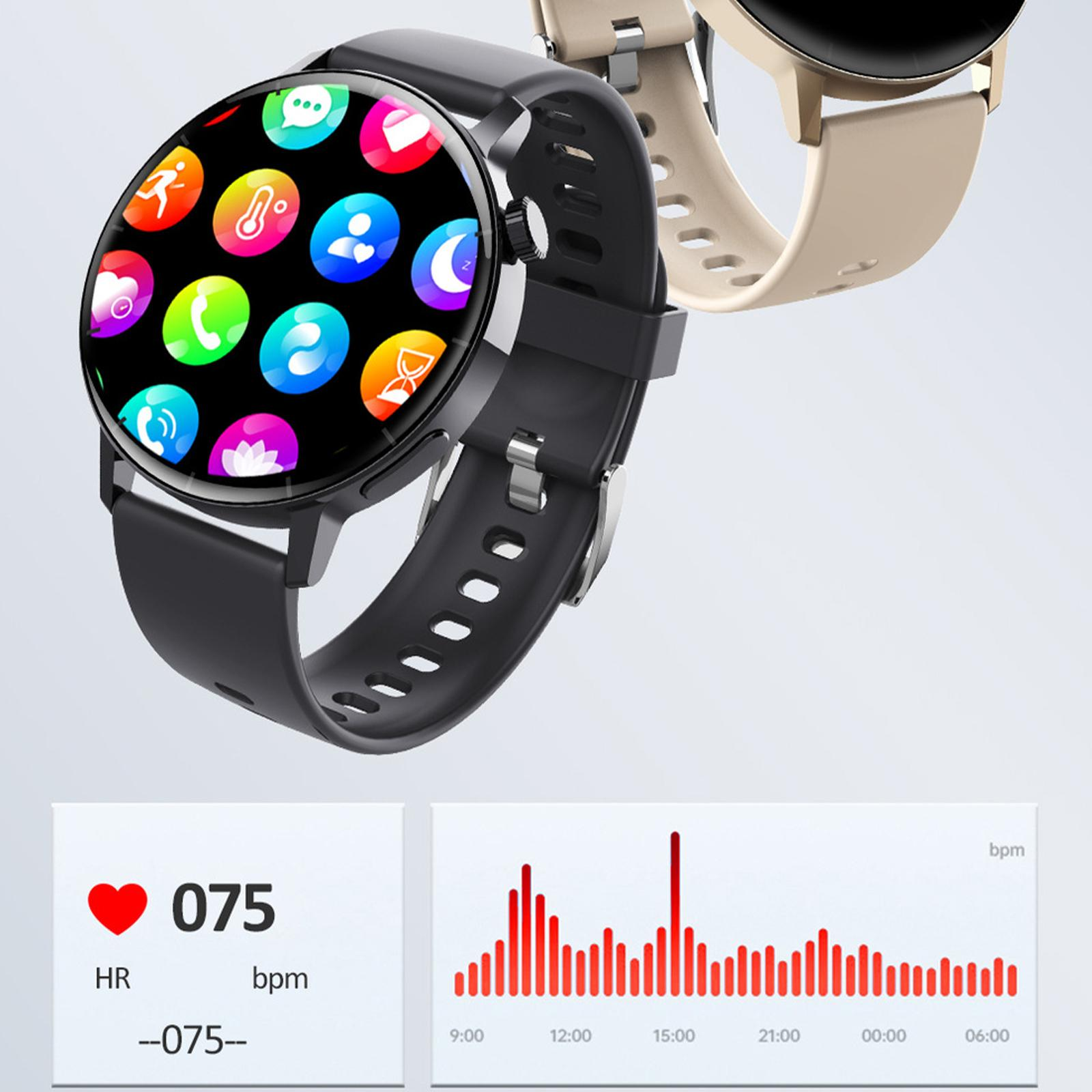 Zwei Smartwatches, eine schwarze und eine beige. Anzeige von Gesundheitsdaten auf dem Bildschirm. Ein Herzfrequenzdiagramm wird ebenfalls angezeigt.