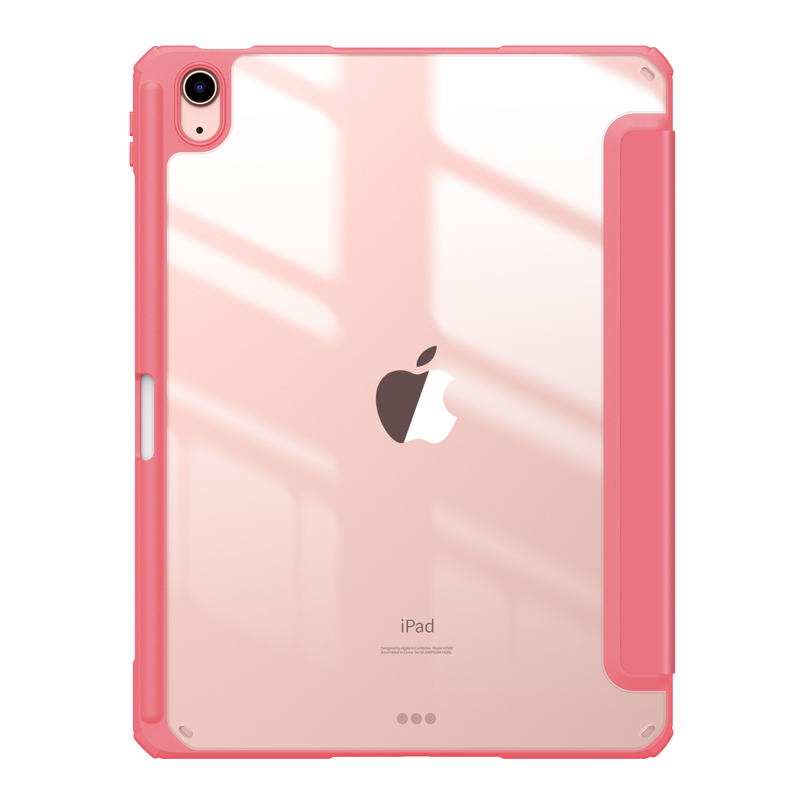 Rosa iPad-Hülle mit durchsichtigem Rücken. Die Hülle hat einen rosa Rahmen. Das Apple-Logo ist auf der Rückseite sichtbar.