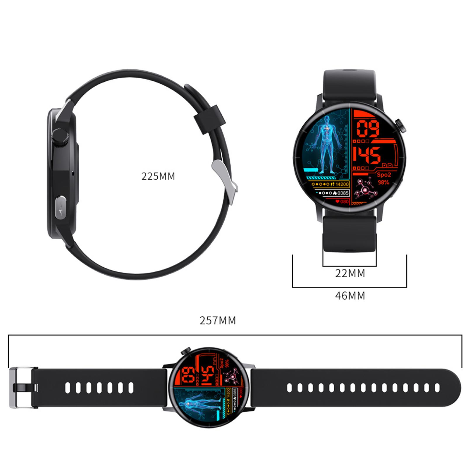 Smartwatch und Messungen. Die Uhr ist schwarz und hat Daten auf dem Bildschirm. Abmessungen der Uhr und des Armbands sind angegeben.