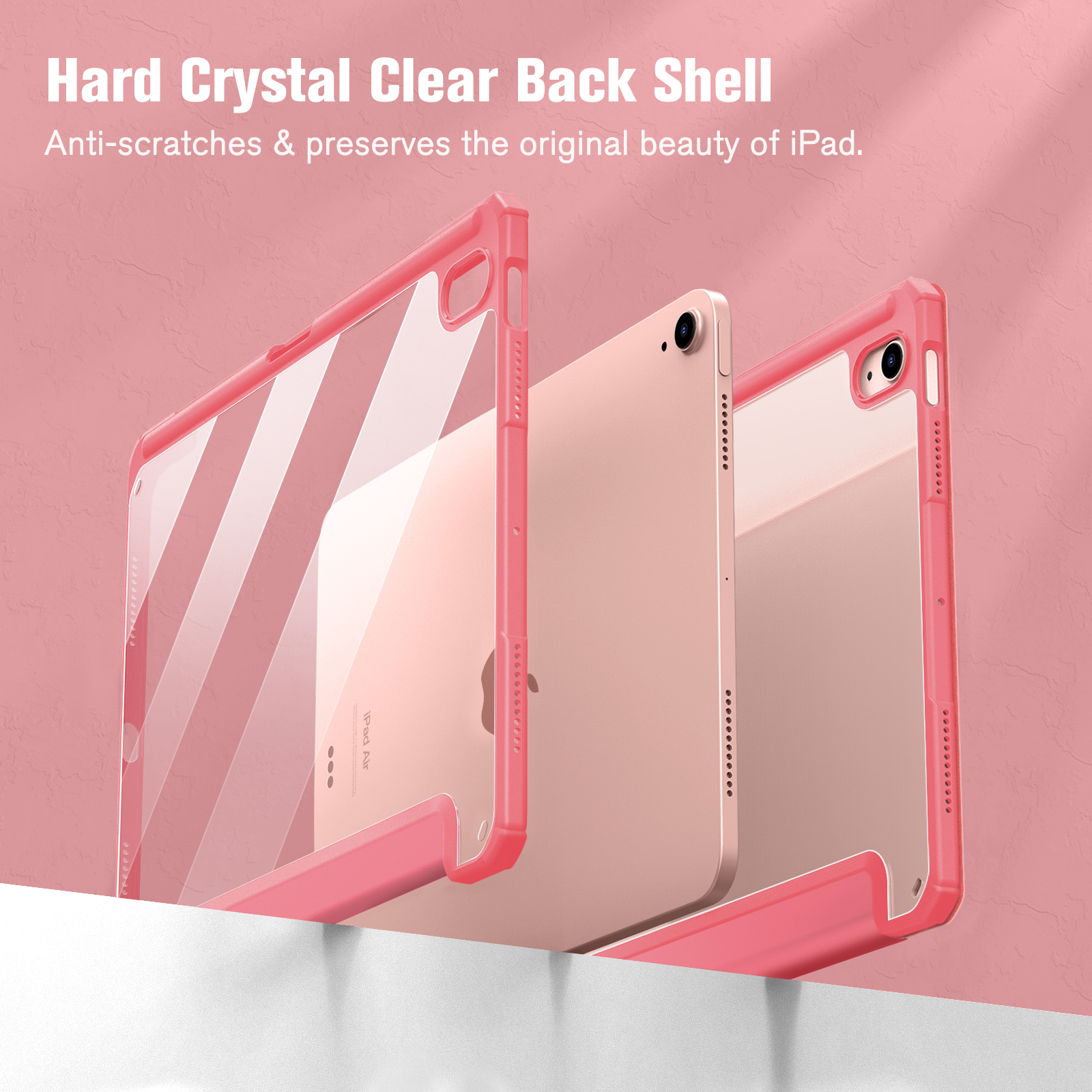 Rosa iPad-Hüllen. Drei Hüllen sind gestapelt. Text: Hard Crystal Clear Back Shell. Anti-Kratzer, bewahrt die ursprüngliche Schönheit.