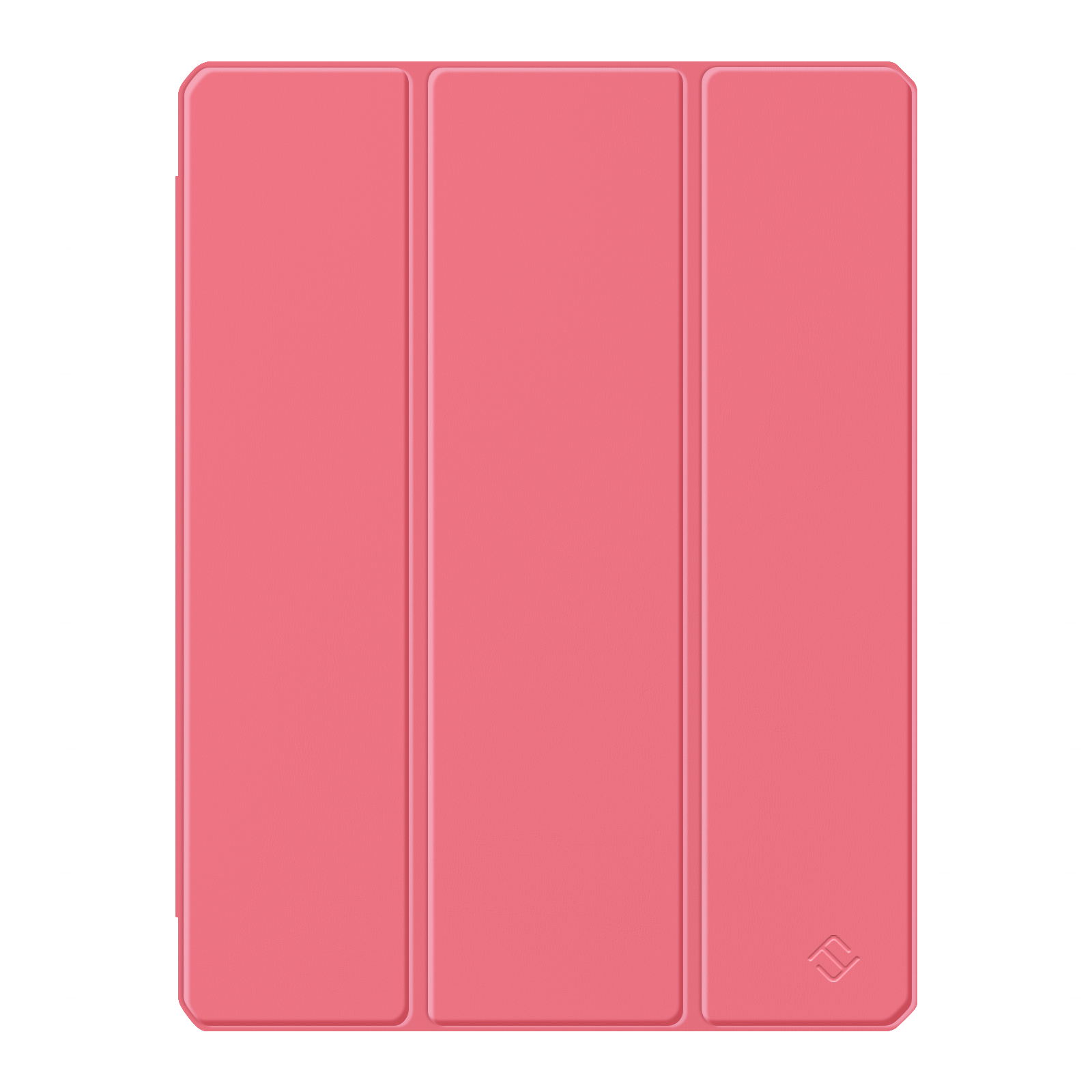 Eine rosa Tablet-Hülle gefaltet, zeigt drei Paneele. Ein Logo in der unteren rechten Ecke.
