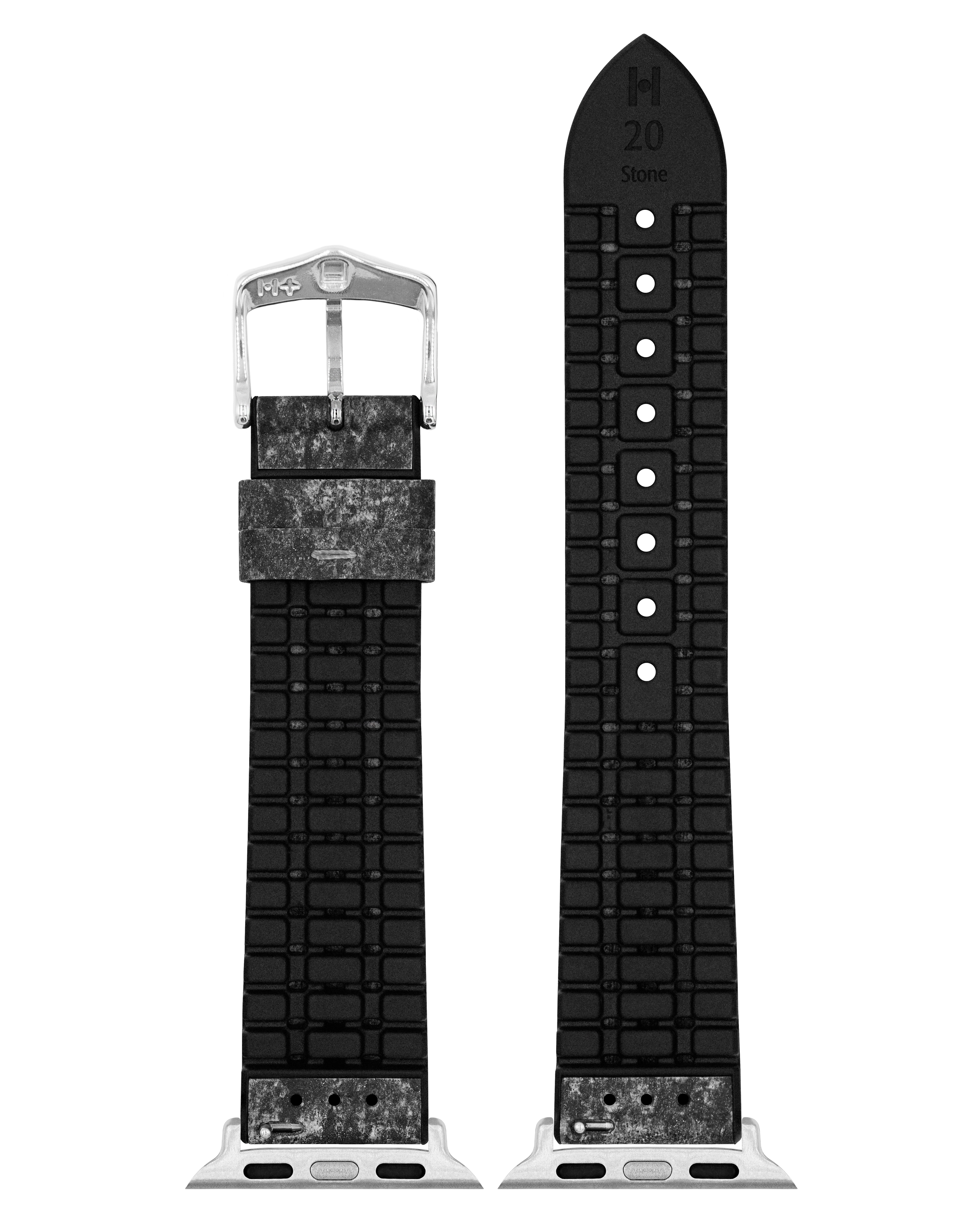Zwei Uhrenarmbänder. Das linke aus strukturiertem, dunkelgrauem Material. Das rechte ist glatt und schwarz.
