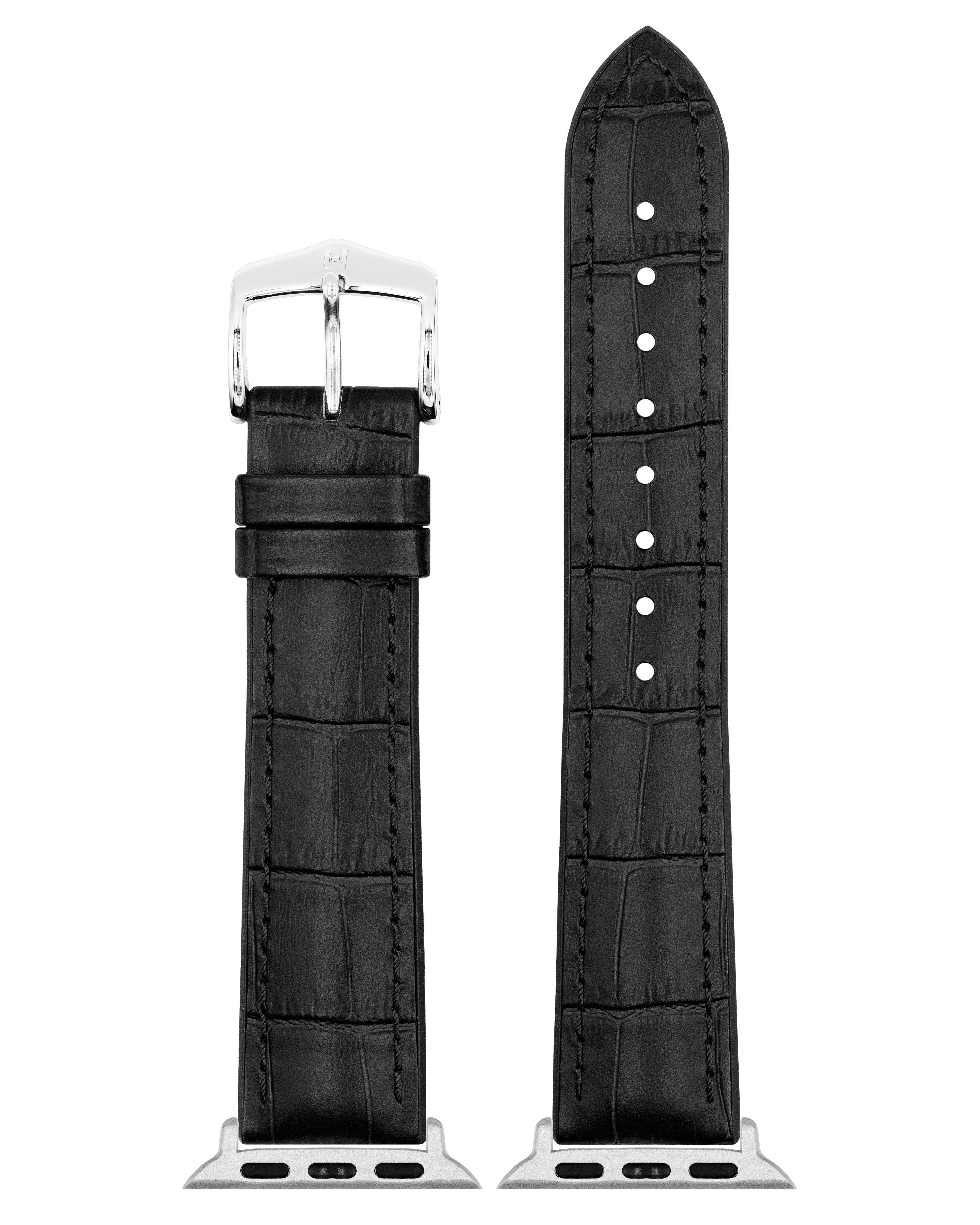Zwei schwarze Uhrenarmbänder werden gezeigt. Das linke ist glattes Leder, das rechte strukturiertes Leder.