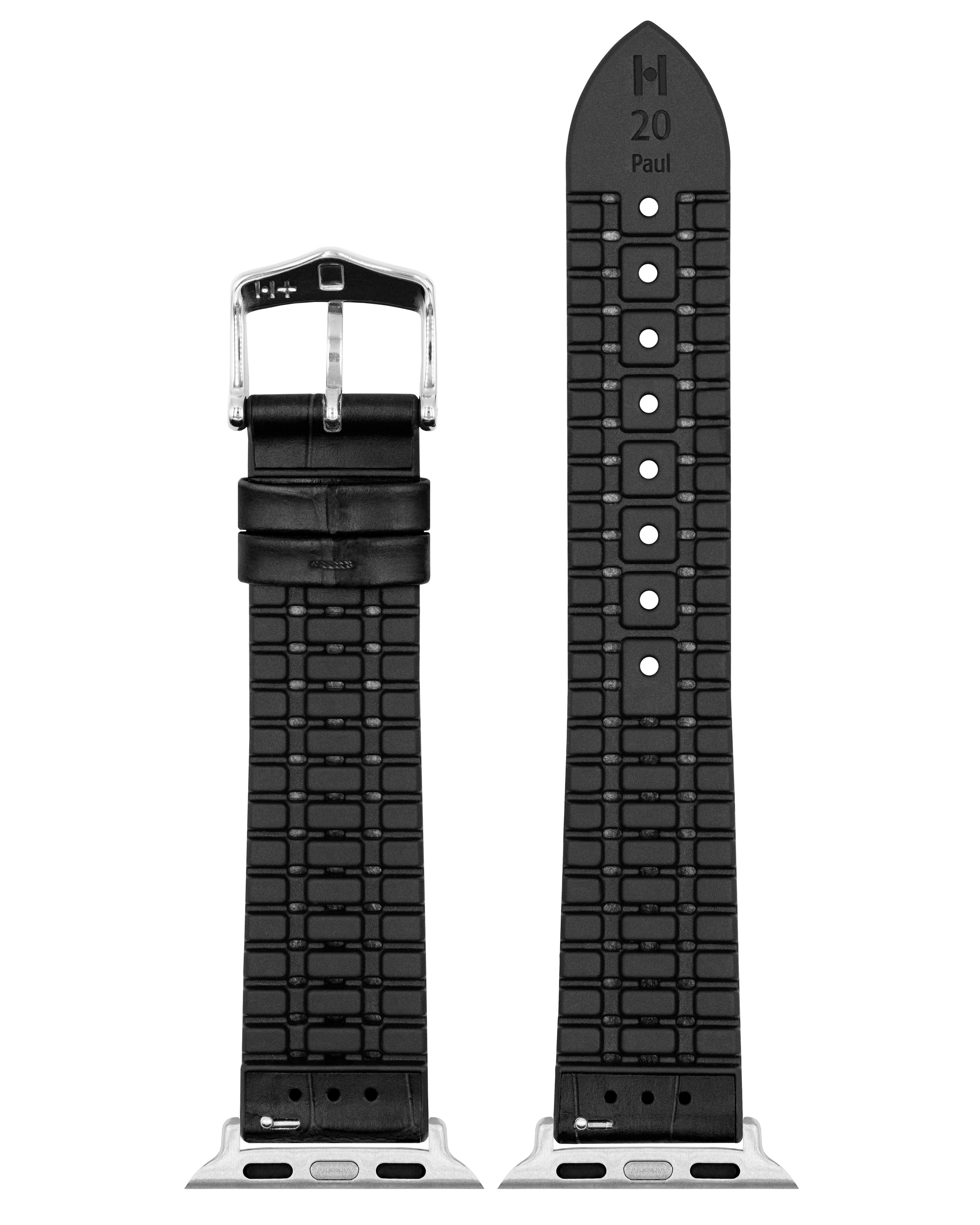 Zwei schwarze Uhrenarmbänder mit silbernen Verschlüssen. Das linke ist Leder, das rechte Gummi.