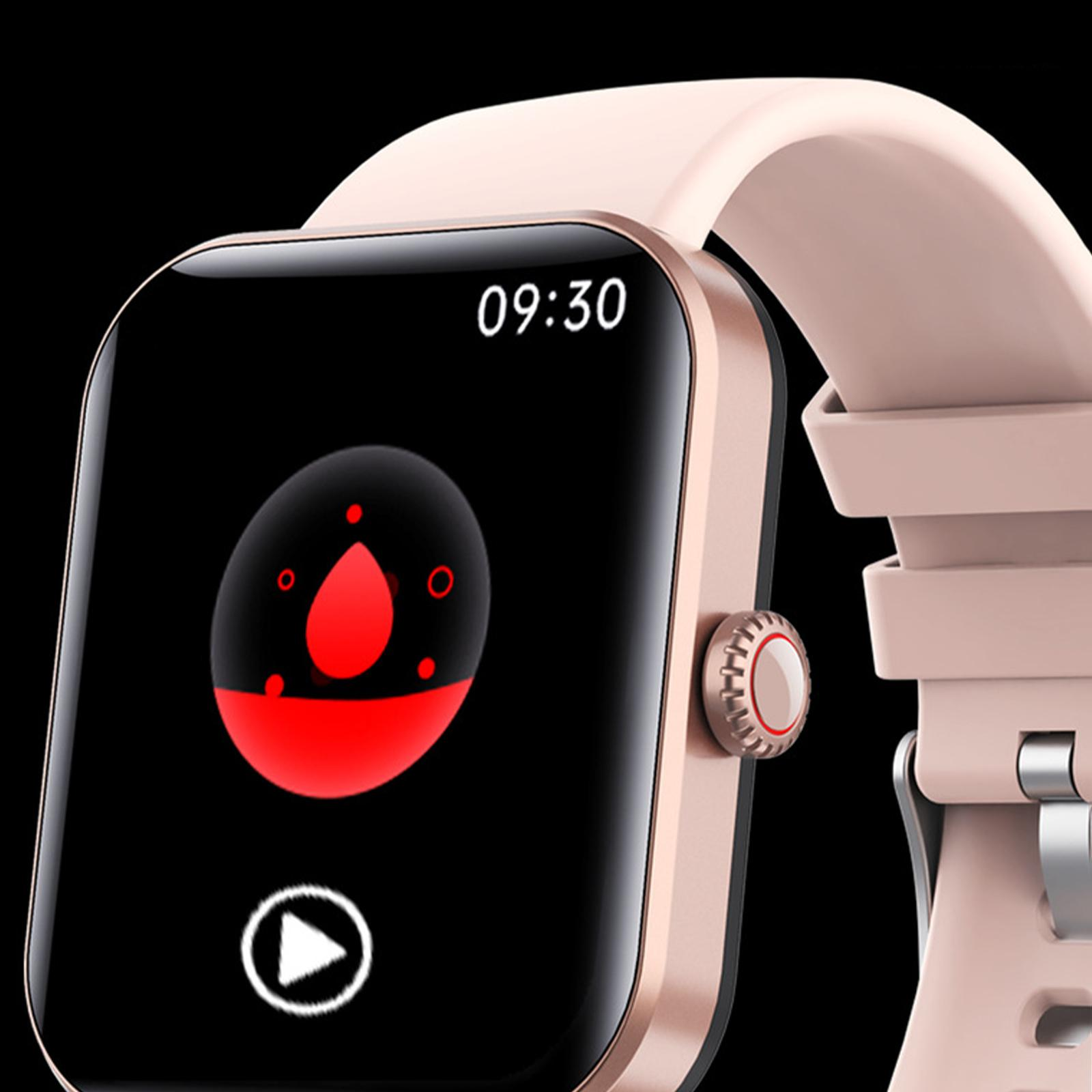 Eine Smartwatch mit schwarzem Bildschirm, der Zeit und Symbole anzeigt, einem rosa Armband und einem goldfarbenen Rahmen.