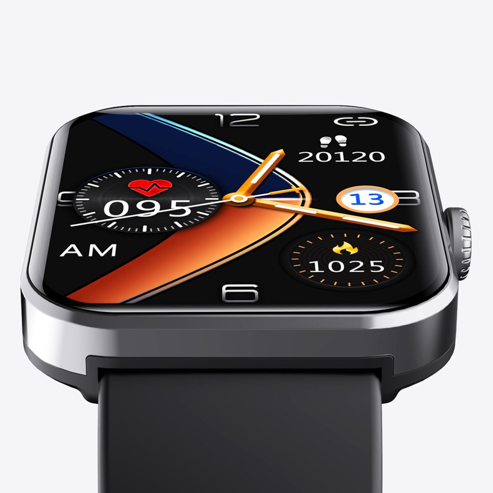 Eine Smartwatch, die Zeit, Herzfrequenz und andere Metriken auf einem rechteckigen Zifferblatt anzeigt.