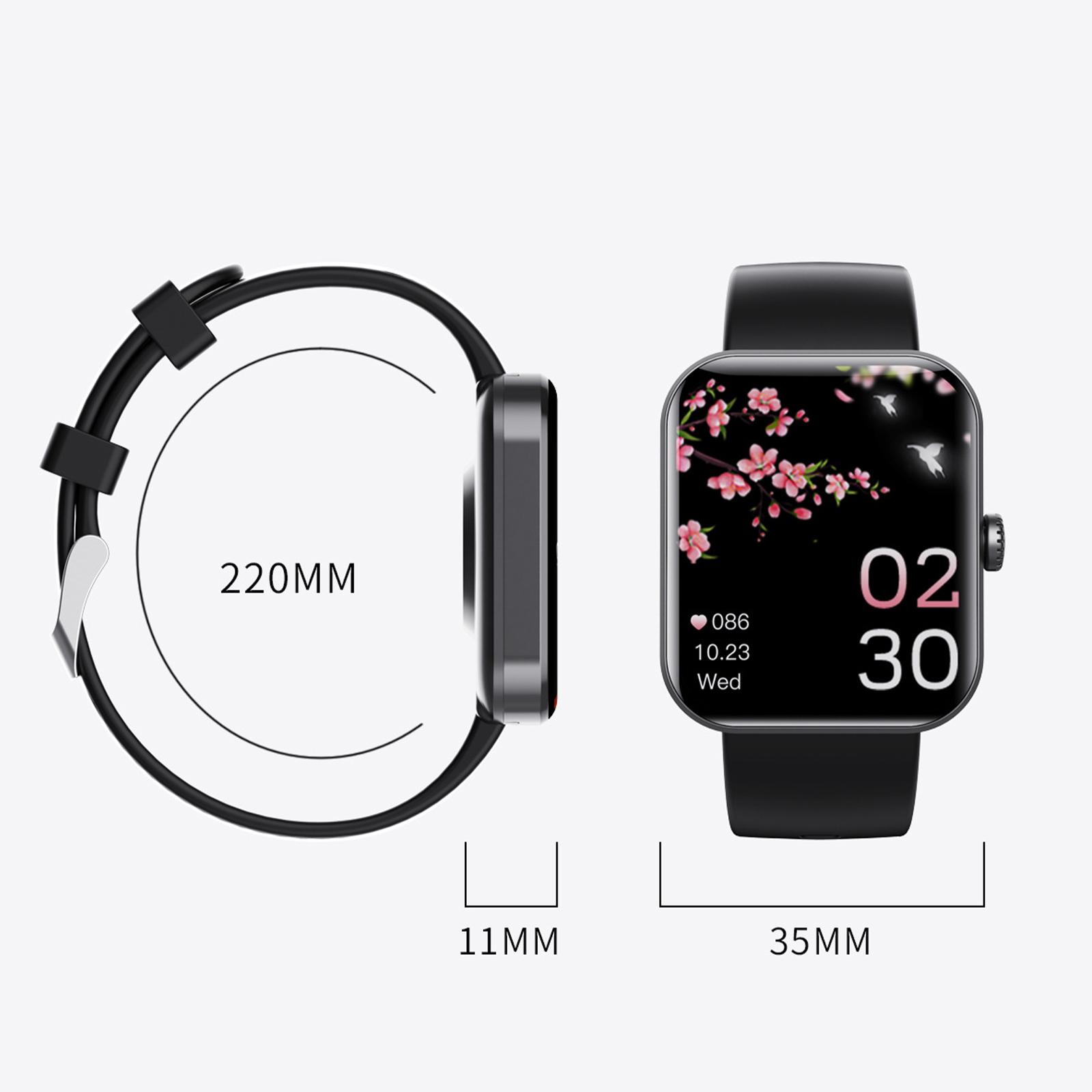 Eine Smartwatch mit schwarzem Band und Display, mit beschrifteten Abmessungen, vor weißem Hintergrund.
