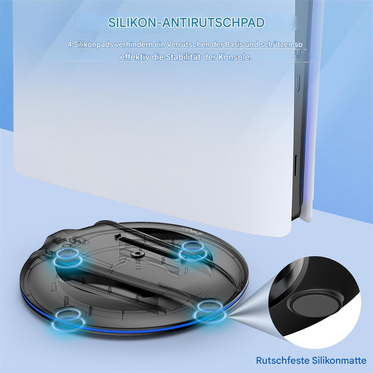 Ein schwarzer Konsolenständer mit blauen Akzenten und Silikonpads, mit Nahaufnahme des Pads.